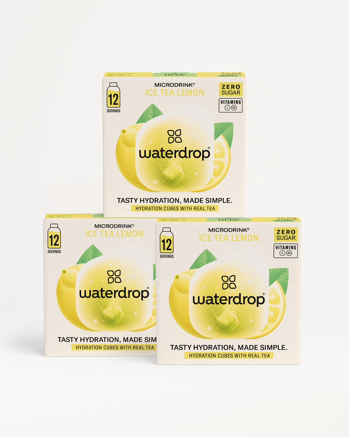 ICE TEA Set 2+1 with three boxes of Waterdrop’s “Microdrink® Ice Tea Lemon” cubes, featuring 12 servings per box, zero sugar, and added vitamins C and B₃.