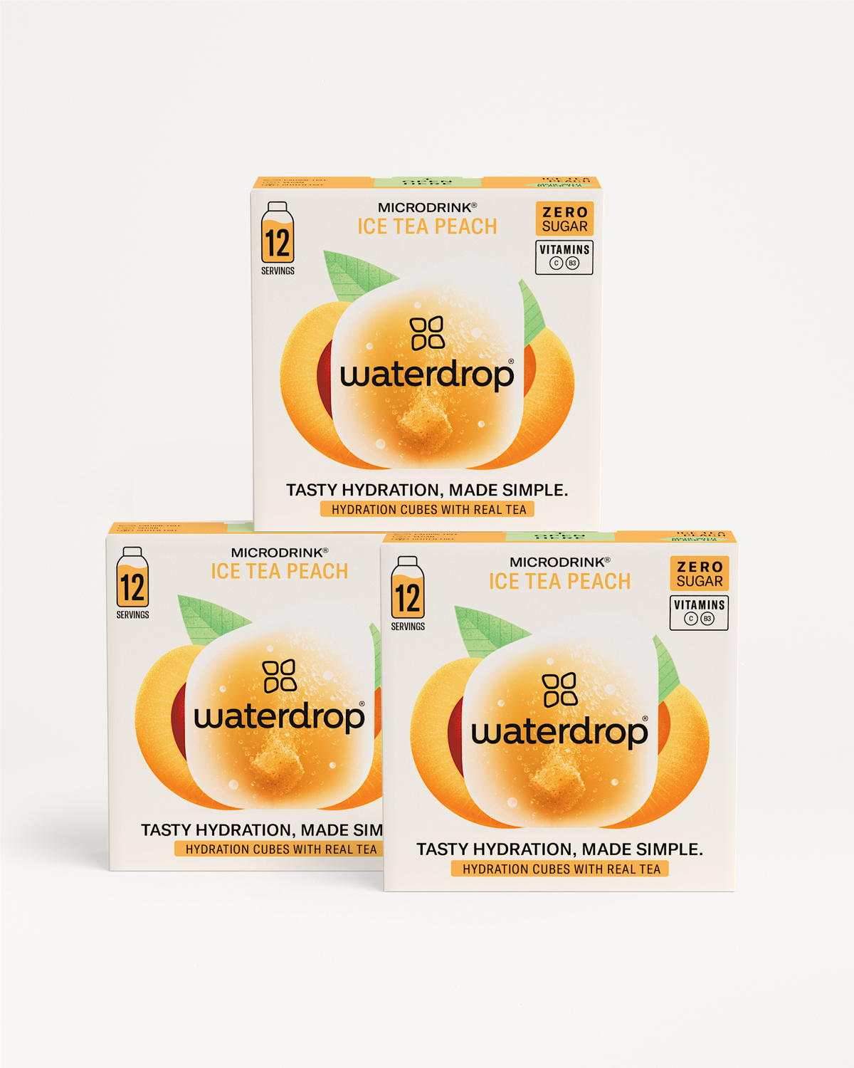 Waterdrop ICE TEA Set 2+1: Three boxes, each with 12 zero-sugar, vitamin-enriched Hydration Cubes, featuring peach flavor, tagline Tasty Hydration, Made Simple.