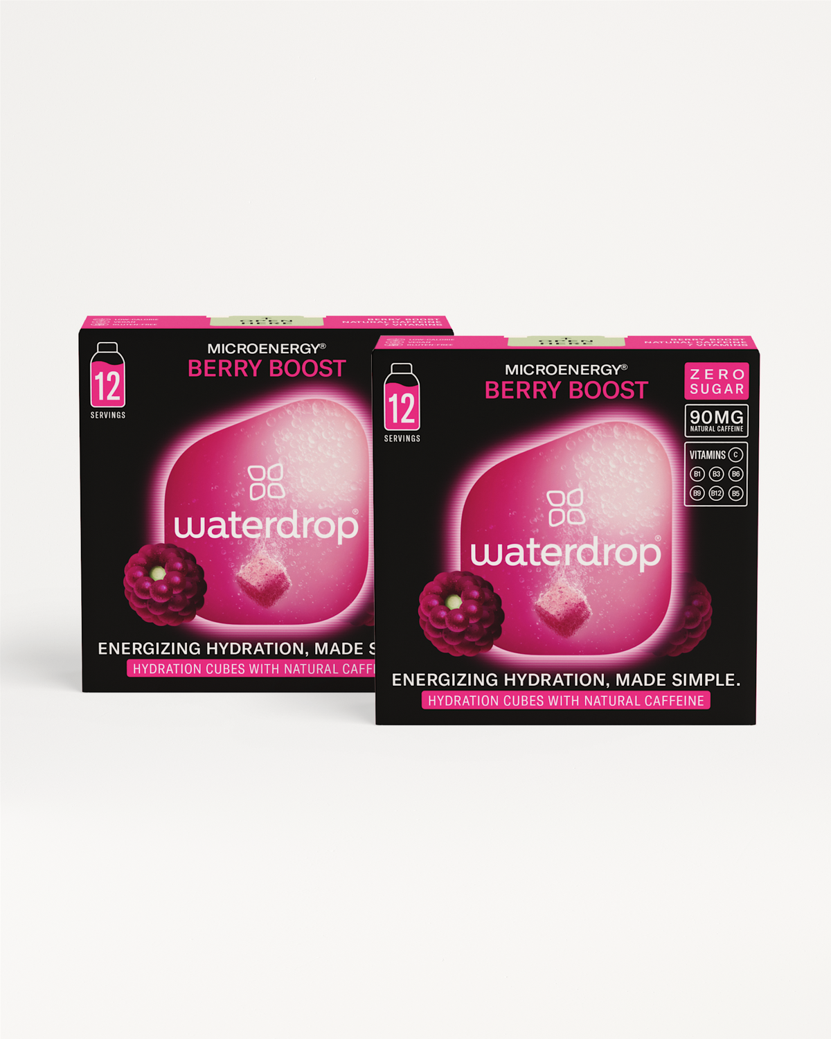 Close-up of Microenergy BOOST Twin Pack, highlighting its energizing fruit options: BERRY BOOST, CHERRY BOOST, or MANGO BOOST.