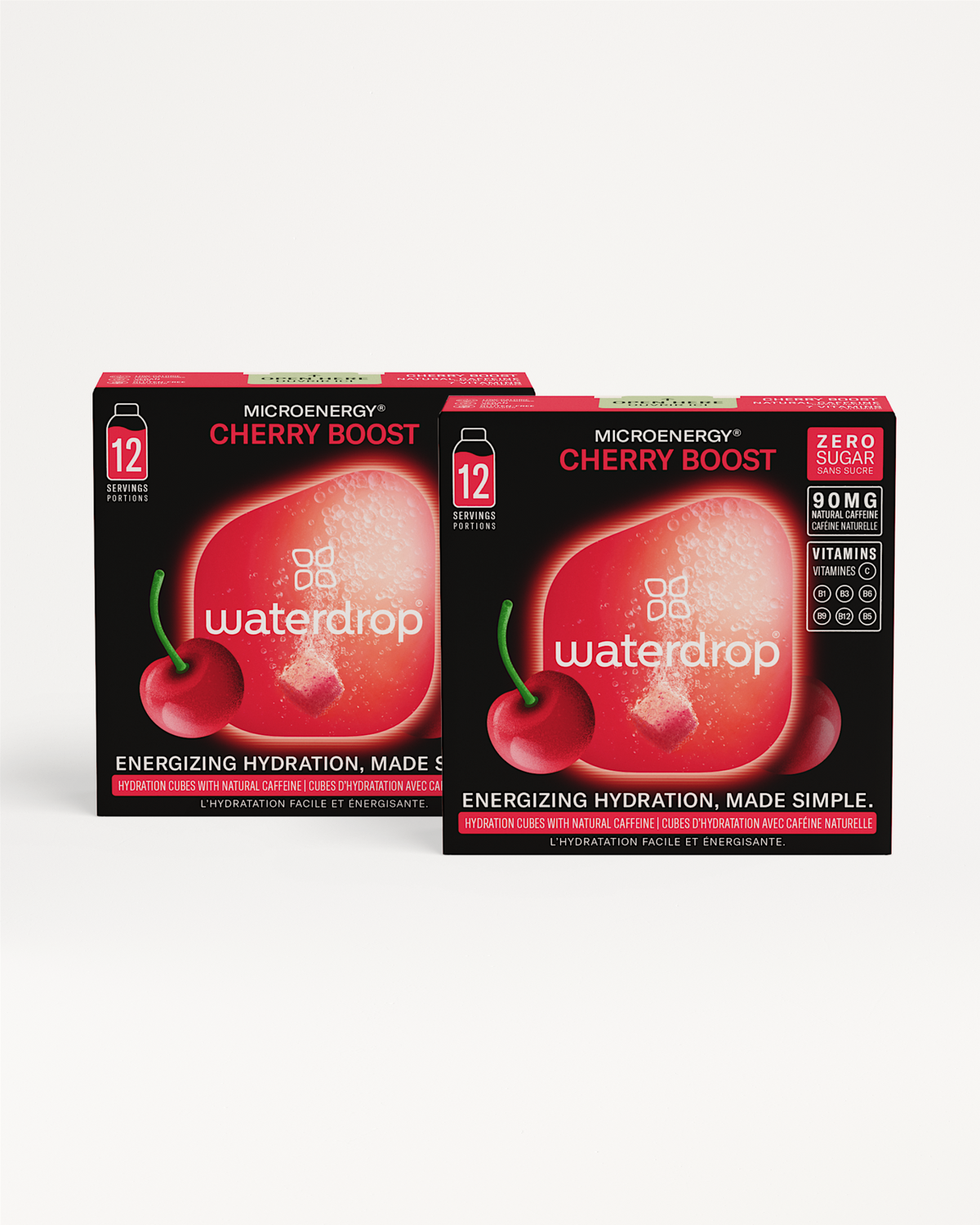 Microenergy BOOST Twin Pack with text signs; includes Berry, Cherry, or Mango flavors for enhanced energy.
