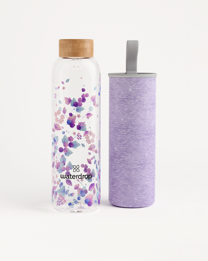 Choose your bottle: Glass bottle with bamboo cap and neoprene sleeve.