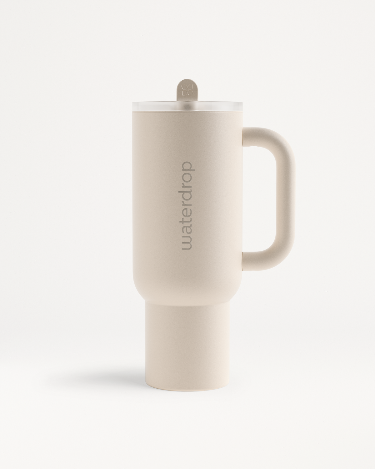 Explorer Thermo Tumbler, a ceramic coffee cup with a handle, designed to keep drinks cold for 12 hours, featuring a convenient flip-open straw.