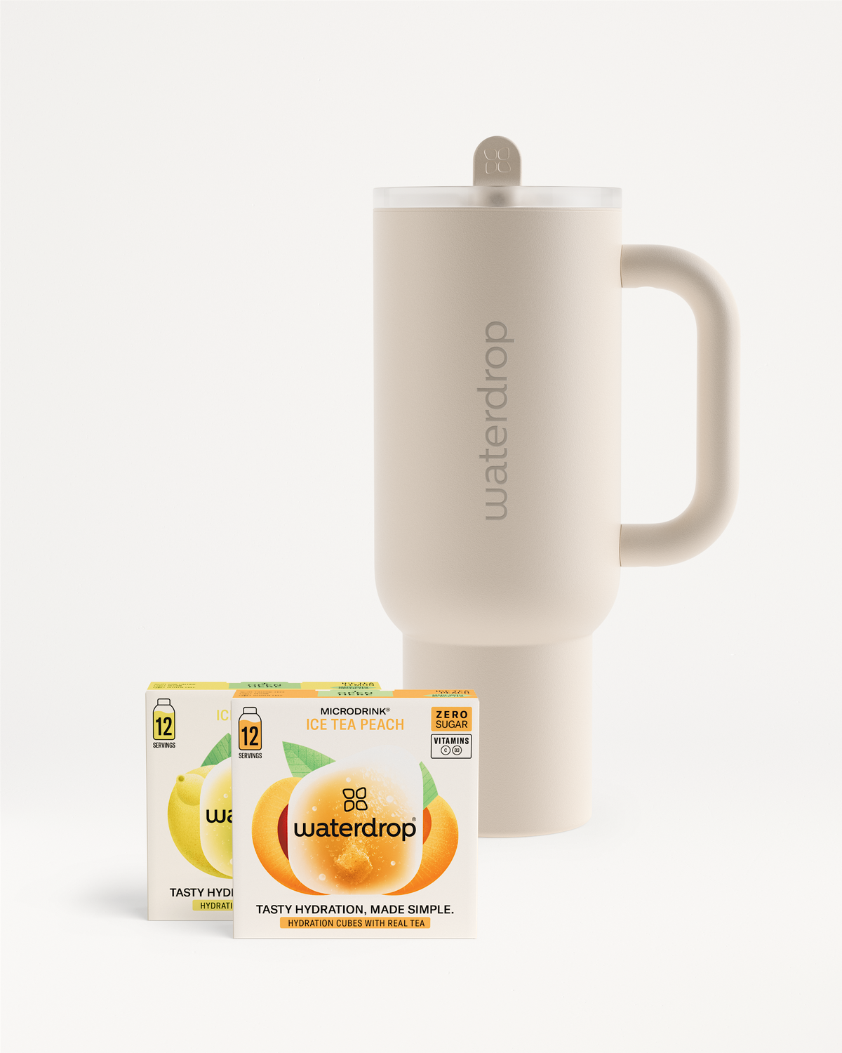 Chill Mode Set: Beige travel mug with handle and spill-proof lid, paired with Waterdrop Microdrink cubes in Ice Tea Peach and lemon-themed flavors, perfect for summer hydration.