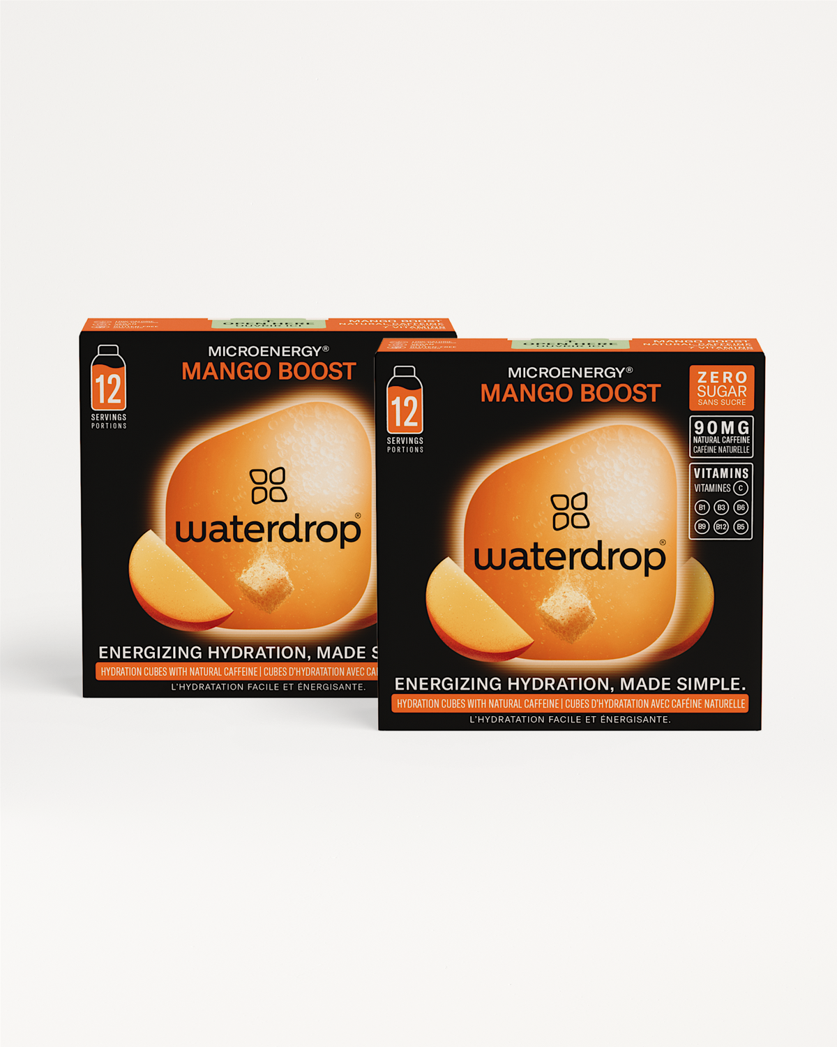 Close-up of a Microenergy BOOST Twin Pack sign, showcasing the energy boost options: BERRY BOOST, CHERRY BOOST, and MANGO BOOST.