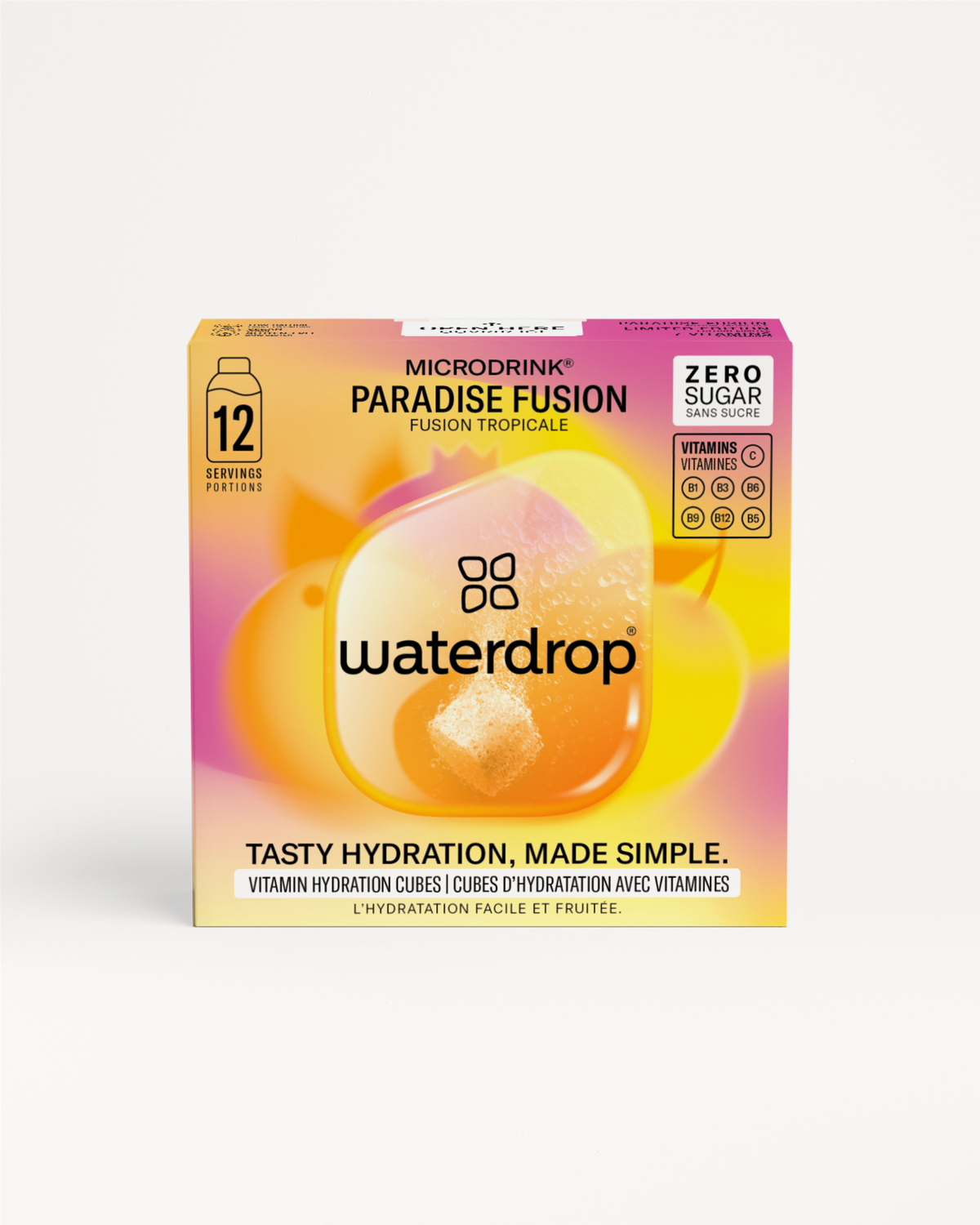 Retail box of Waterdrop Microdrink Paradise Fusion, a 12-serving pack of zero-sugar, vitamin-infused hydration cubes in tropical orange and mango flavor.