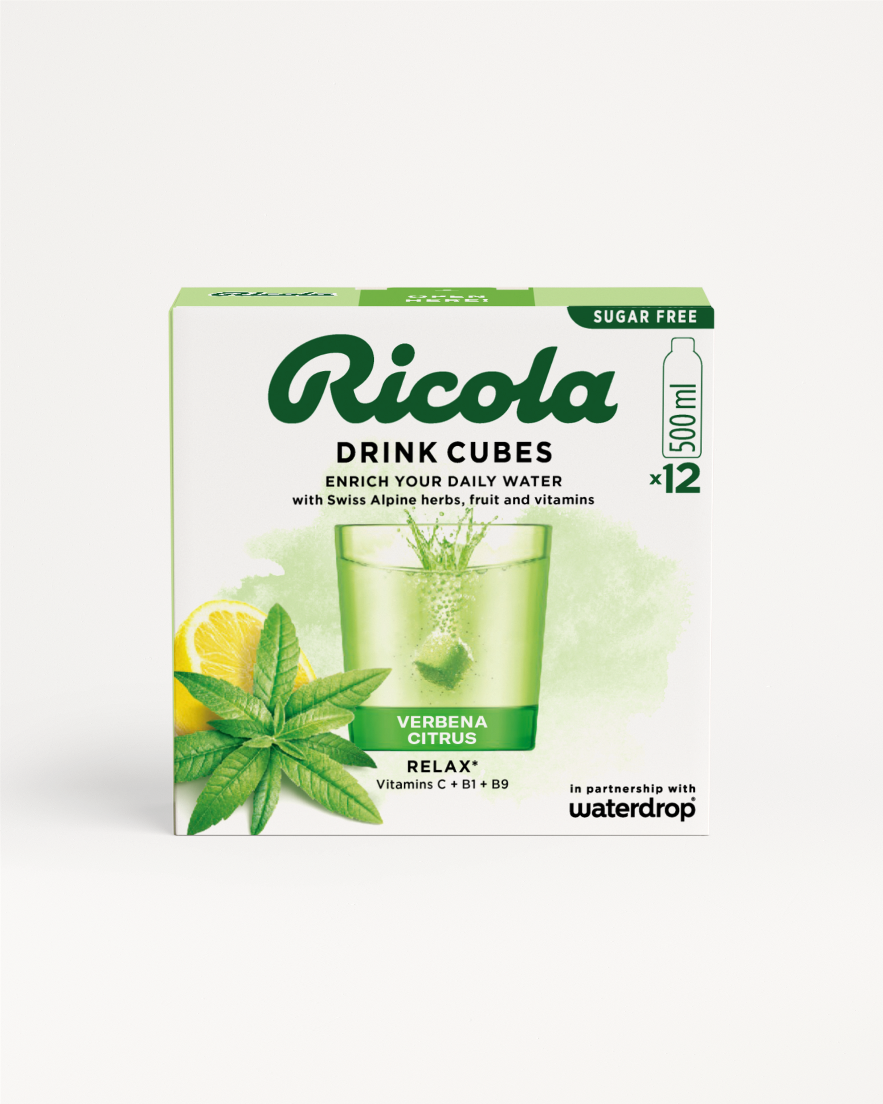 Ricola Verbena Citrus Drink Cubes box with Swiss herbs.