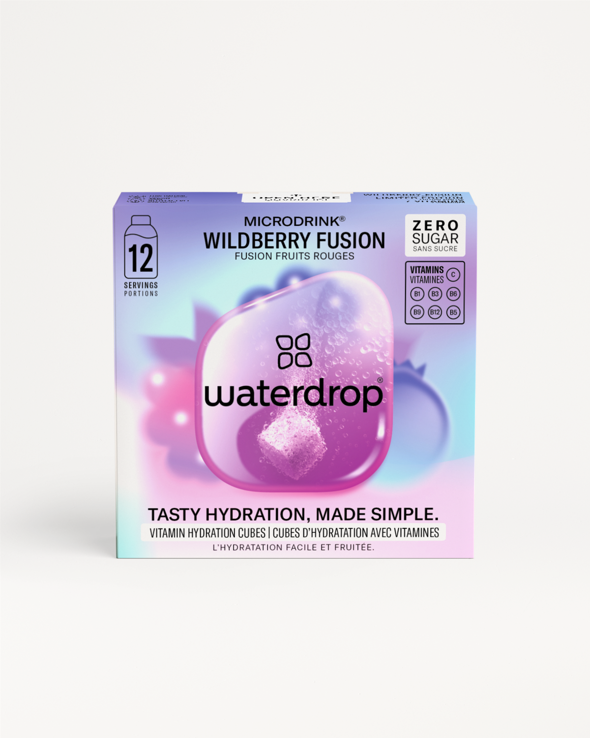 Front of Waterdrop Microdrink box, featuring WILDBERRY FUSION hydration cubes, zero sugar, vitamins C, B1, B3, B6, B9, B12, tagline: Tasty hydration, made simple.