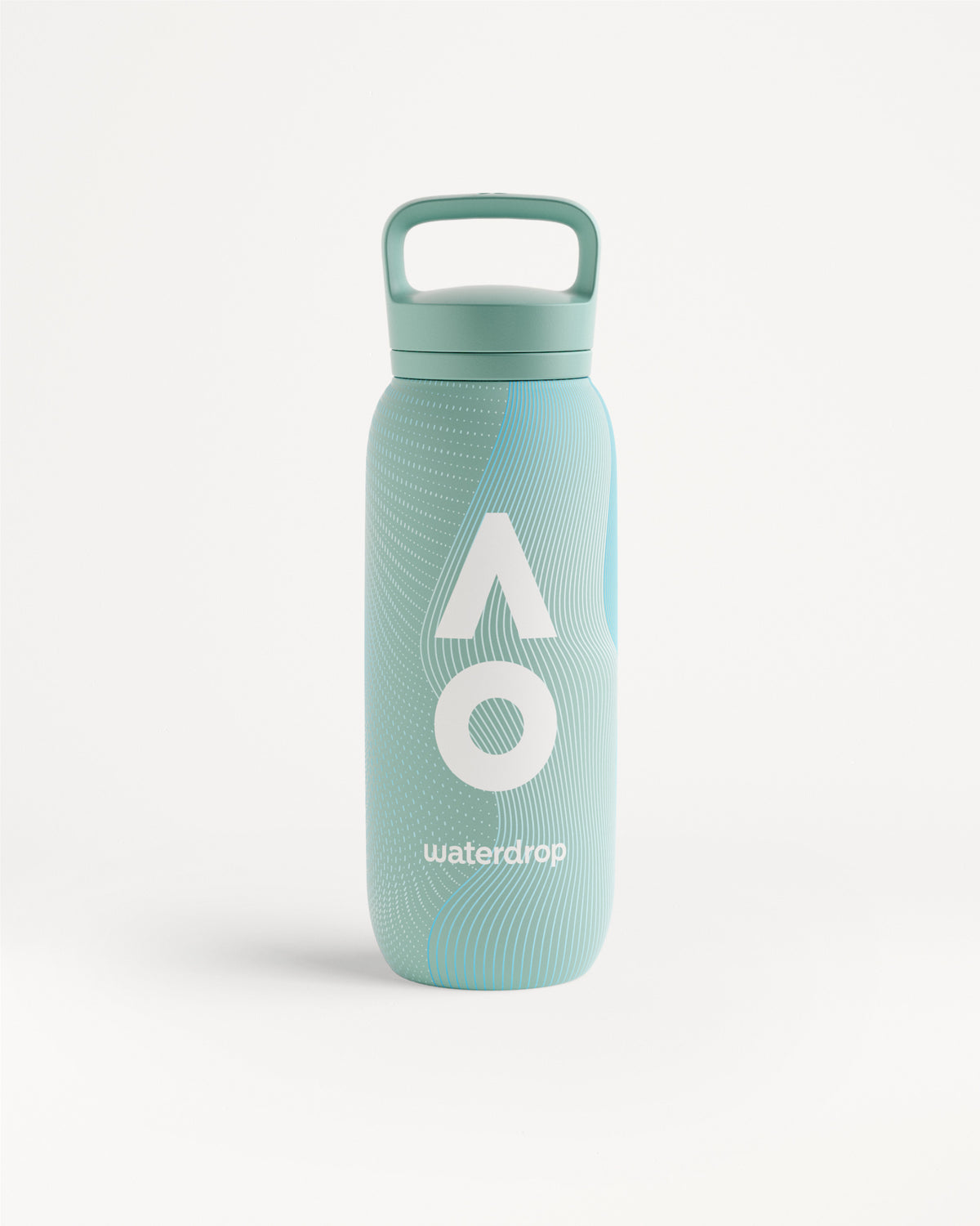 Teal reusable water bottle with a handle and screw-on cap.