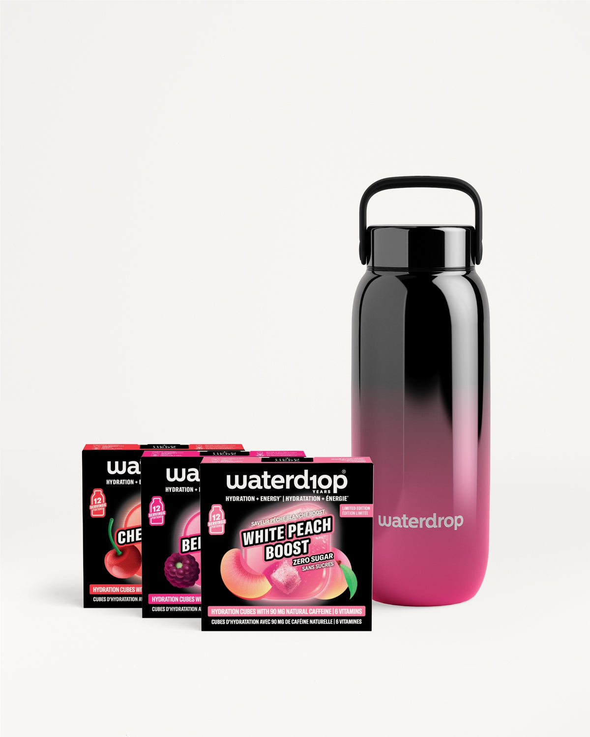 Gradient black-to-pink reusable water bottle with flavor packets.