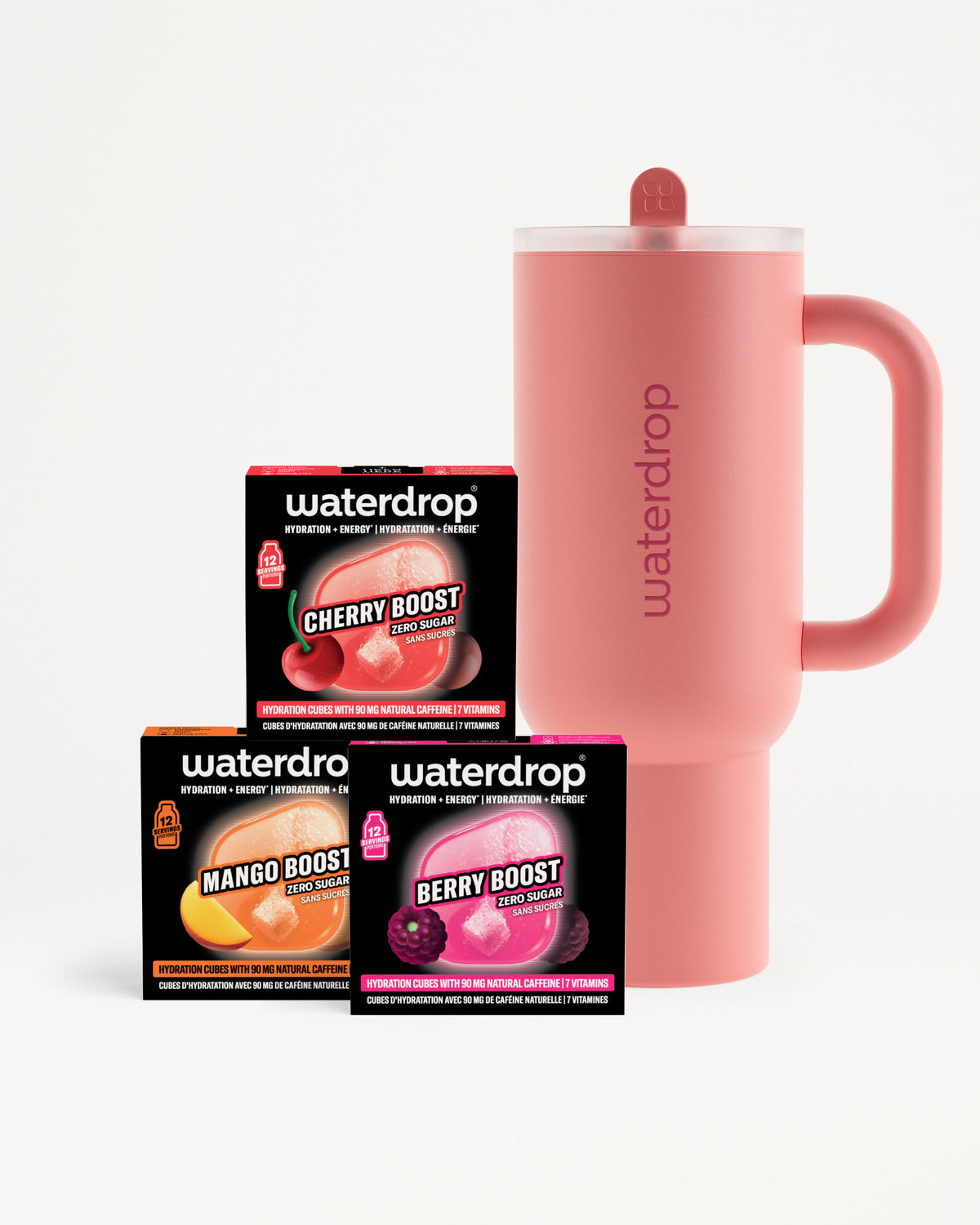 Pink insulated bottle with a handle beside three black Waterdrop flavor boost boxes.