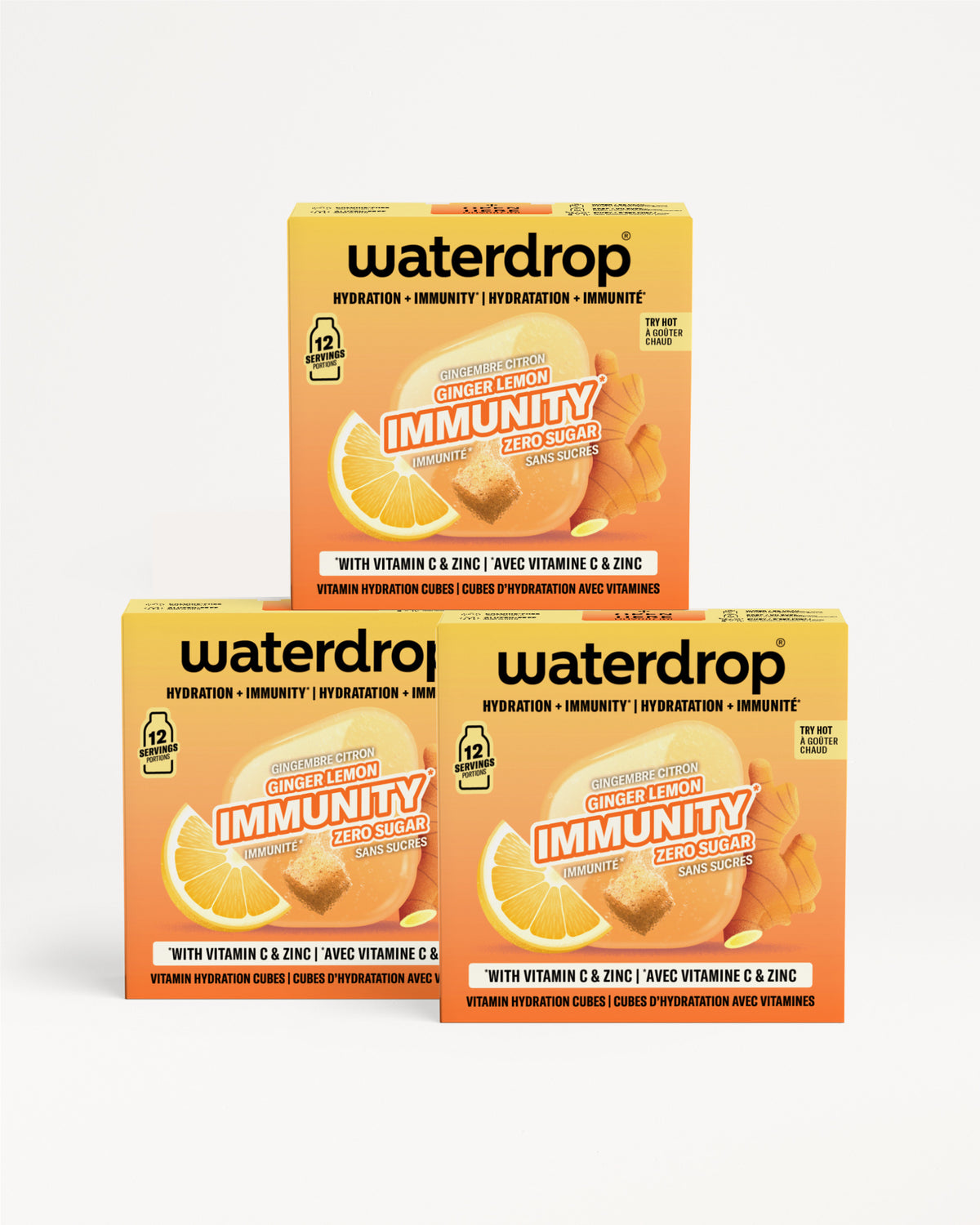 Three orange Waterdrop Immunity boxes with vitamin C and zinc stacked in a pyramid.
