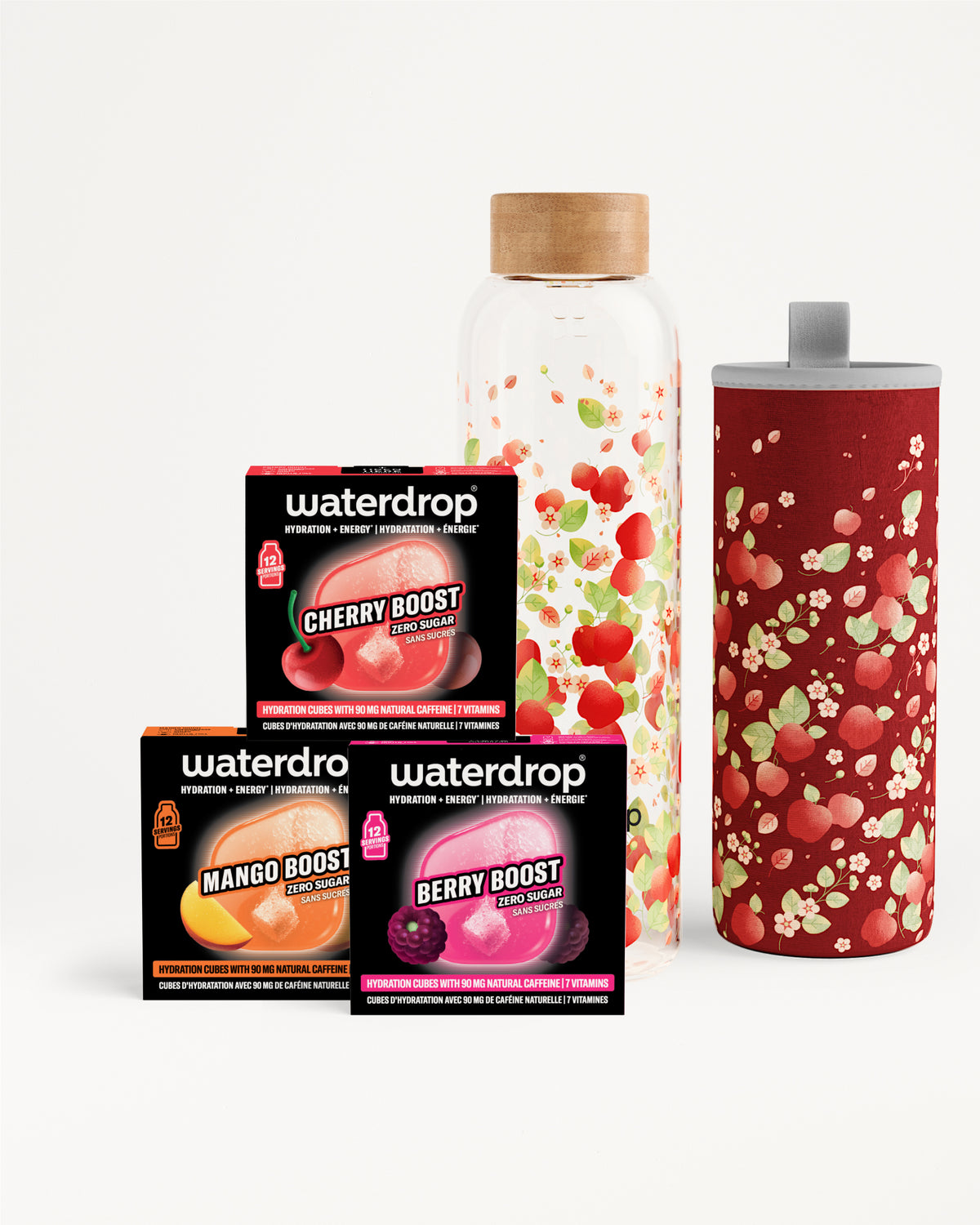 Assorted Waterdrop flavor boosters with a glass bottle and a red tumbler.