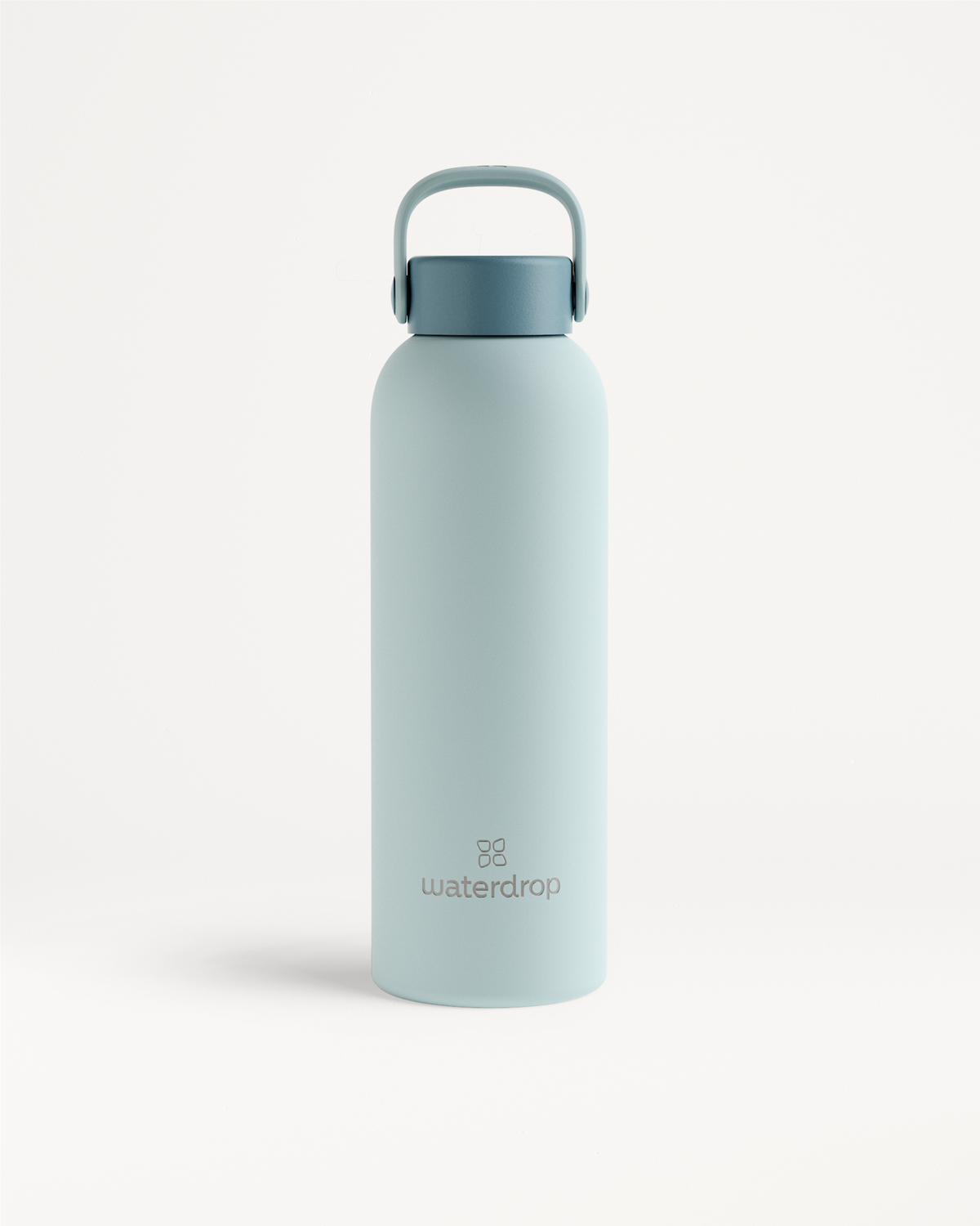 Thermo Steel Bottle · Carry Cap, a matte-finished aqua-blue cylinder with a teal screw-on lid, features double-walled stainless steel for temperature retention and a loop handle.