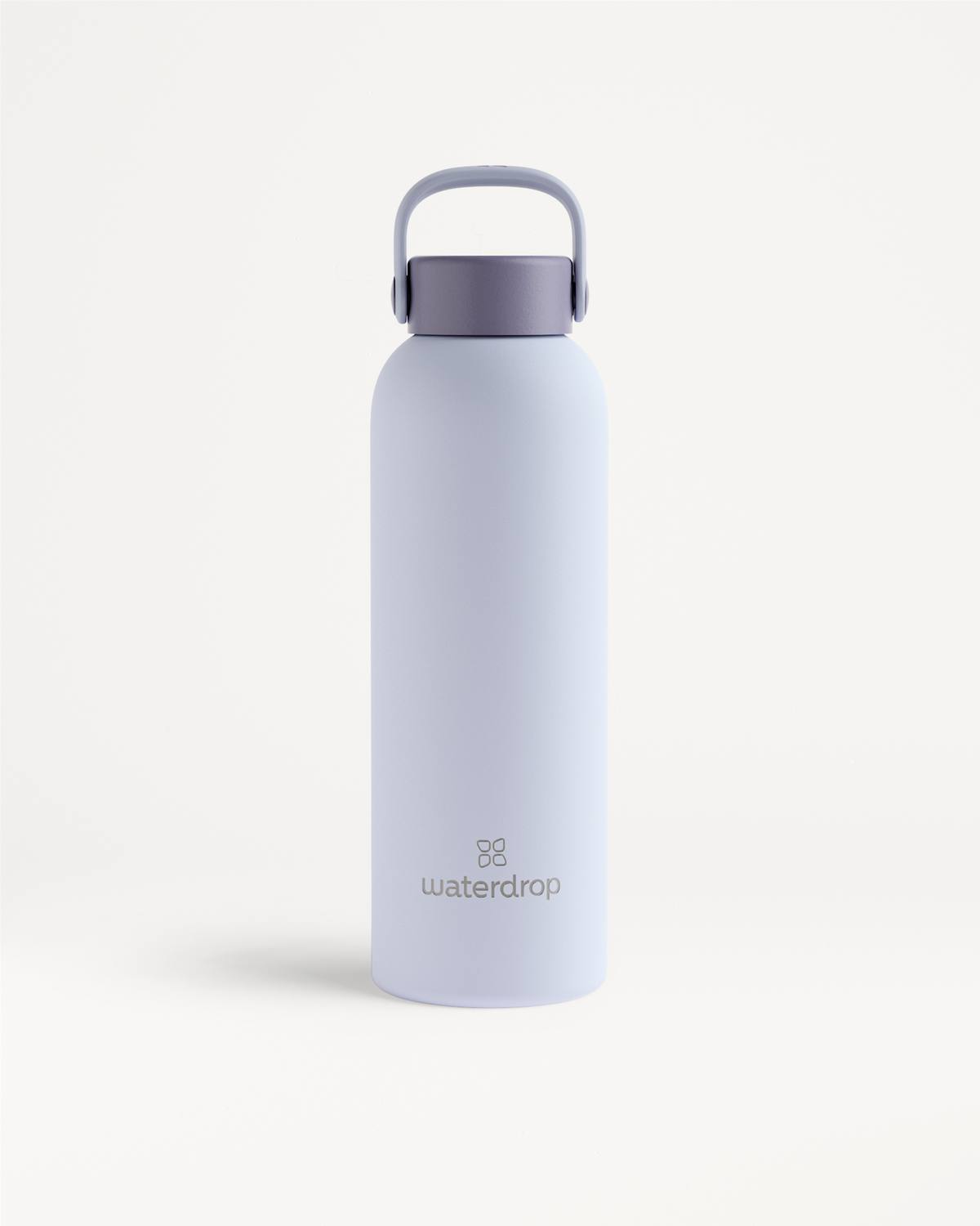 Thermo Steel Bottle · Carry Cap with waterdrop logo, features a screw-on lid and handle, double-walled stainless steel for temperature retention, available in 600ml or 1L.