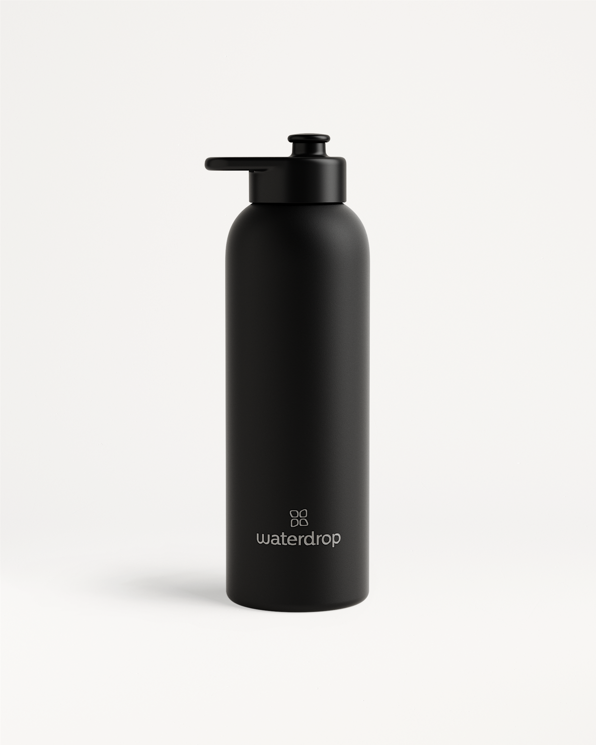 Thermo Steel Bottle · Pull-Up Cap: Matte-black stainless-style bottle with a flip-up spout, waterdrop logo, double-walled to maintain drink temperature. Available in 600ml or 1L.