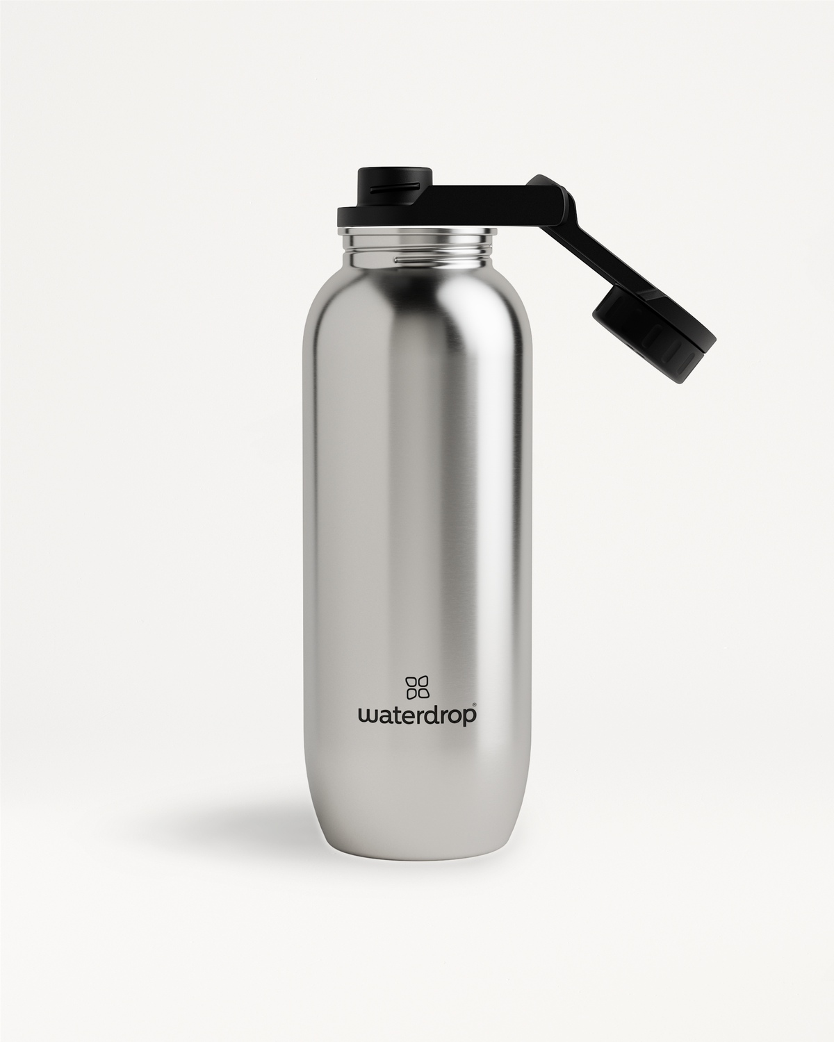 All-Purpose Ultralight Sport with Swing Lid: a sleek, silver cylinder bottle featuring a practical black cap, ideal for excursions and daily use.