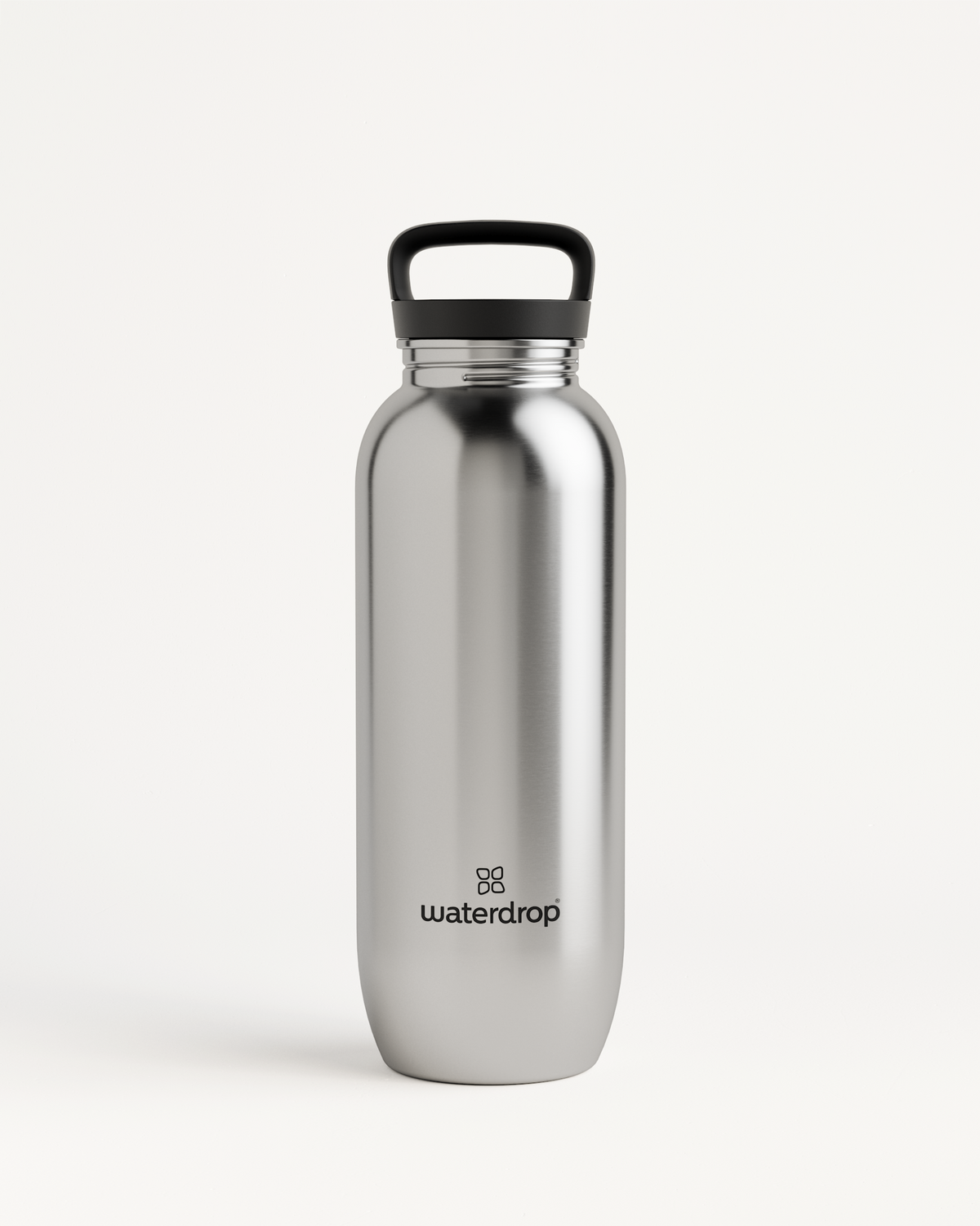 Close-up of the All-Purpose Ultralight Sport · Loop Lid, a silver water bottle with a black handle, featuring a practical thermal drinking lid for easy carrying.