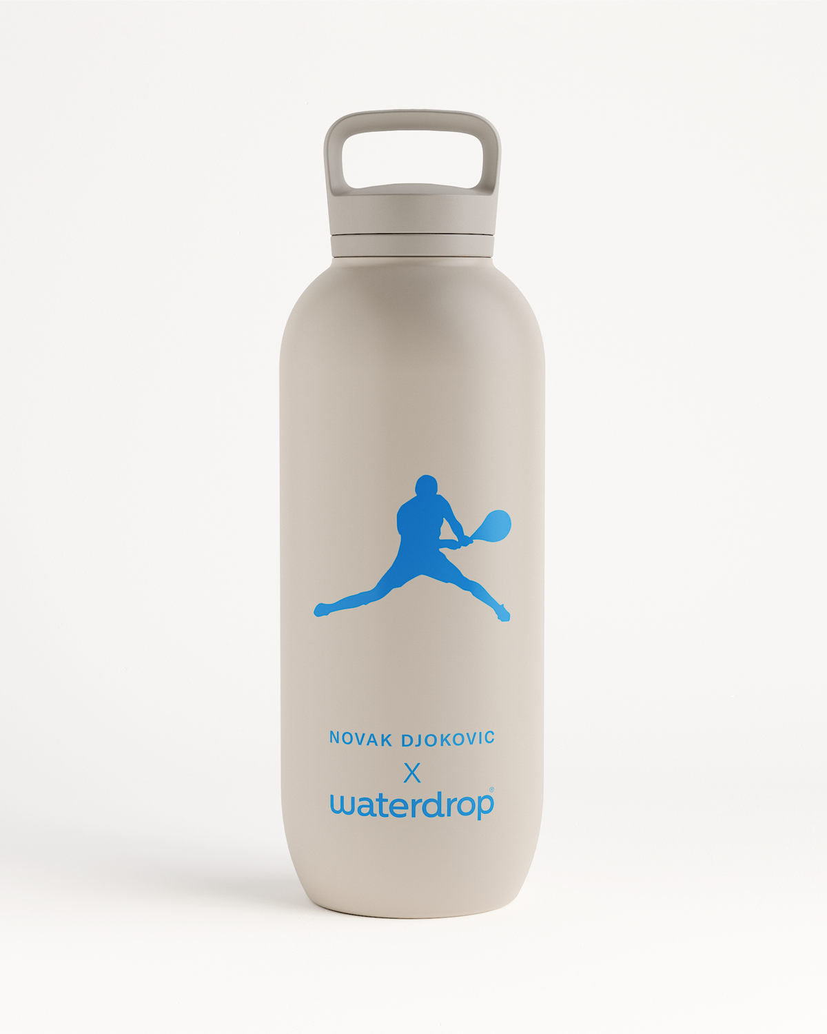 Novak Djokovic Sport All-Purpose Thermo Spout Lid bottle featuring blue silhouettes of a tennis player and flag, ideal for keeping drinks cold all day.