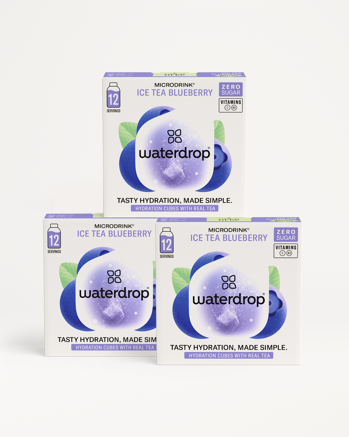 ICE TEA Set 2+1 features three boxes of Waterdrop Microdrink “Ice Tea Blueberry” hydration cubes, offering zero-sugar, vitamin-enriched (C & B3) tea-flavored water enhancers.