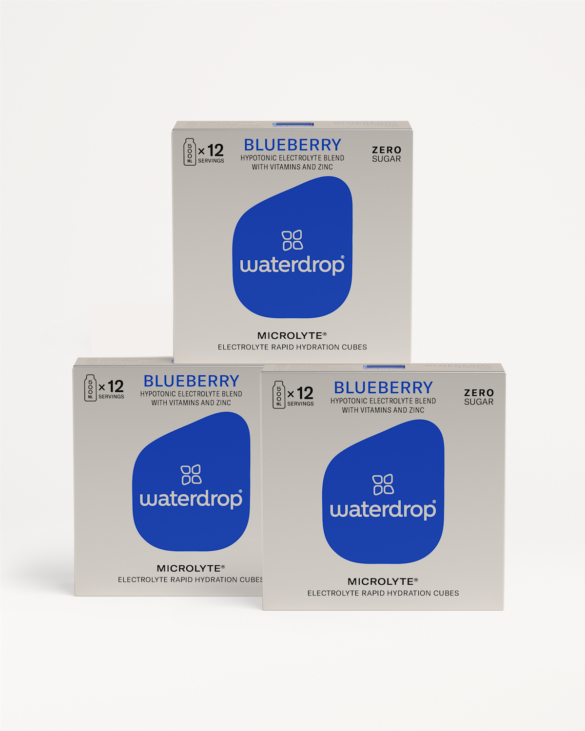 Microlyte 2+1 boxes showcasing 12 blueberry electrolyte cubes for hydration, enriched with vitamins and zinc, ideal for enhancing workout performance.