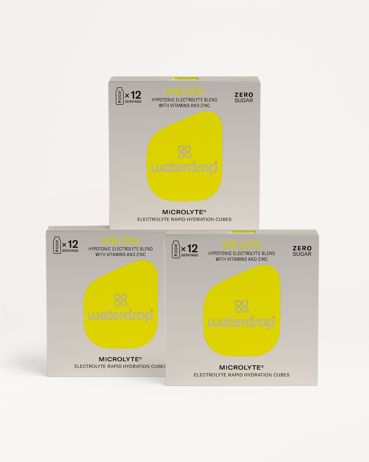 Microlyte 2+1 retail boxes featuring Melon electrolyte cubes, each offering rapid hydration with vitamins and zinc for enhanced workout recovery.