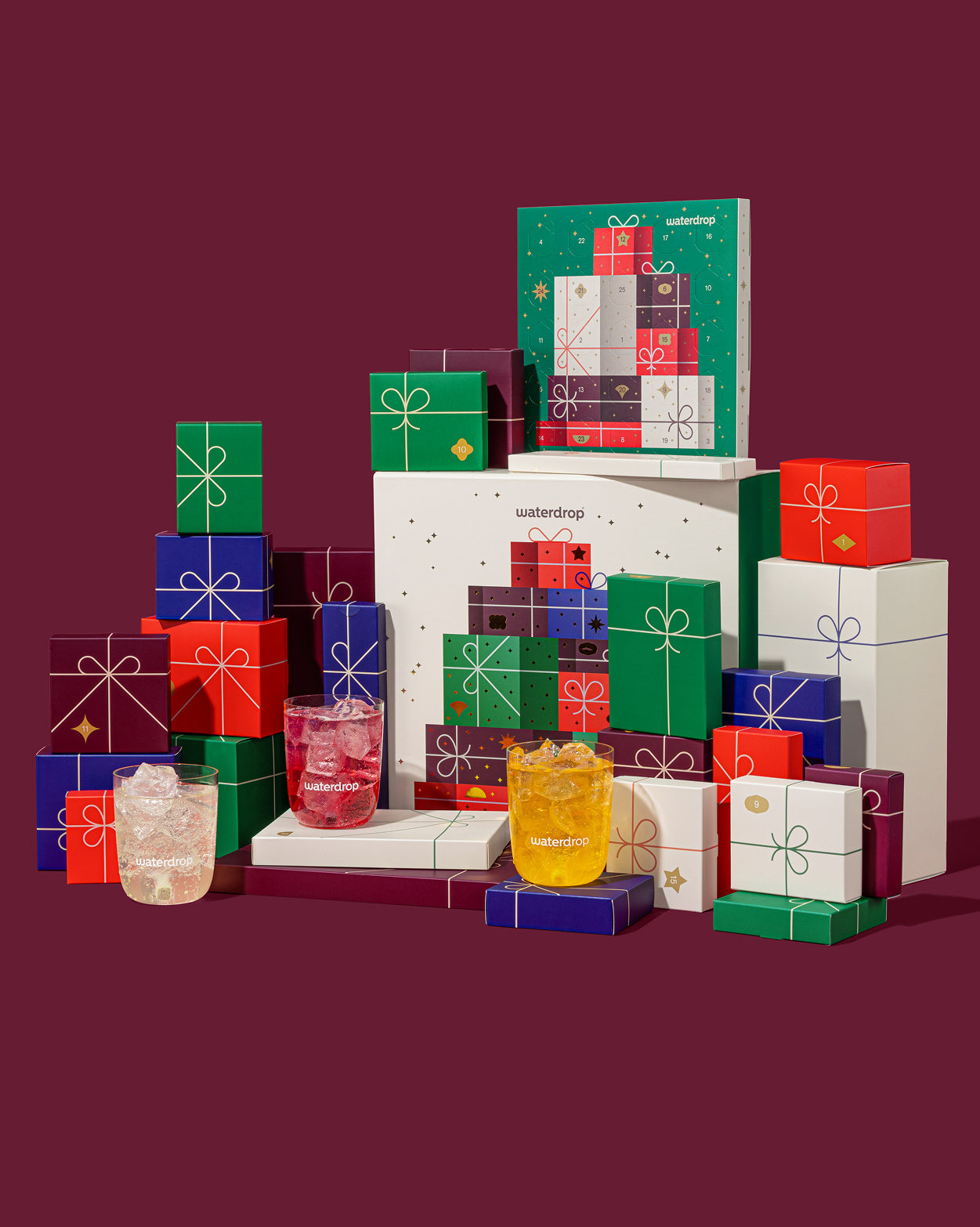 Waterdrop Advent Calendar Set with festive cube boxes.