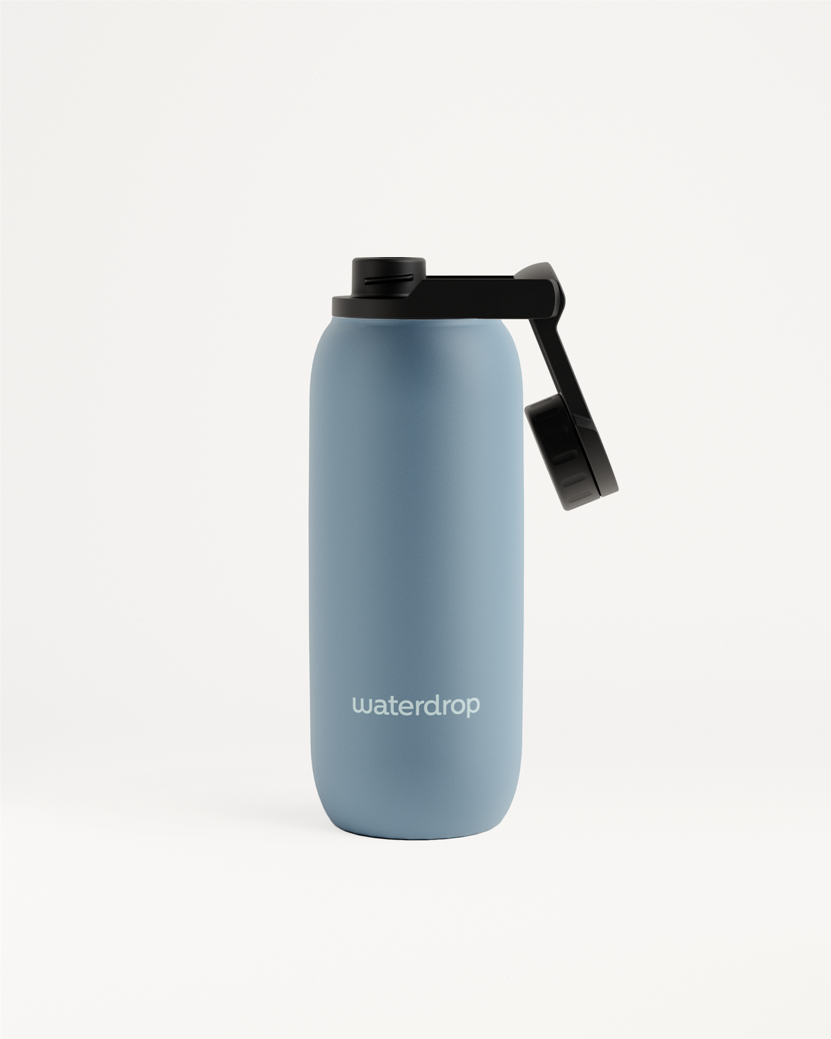 All-Purpose Thermo · Swing Lid blue water bottle with black cap.