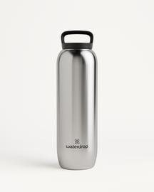 Silver All-Purpose Thermo water bottle with loop handle and thermal drinking lid, designed for insulation and compatibility with Spout Lid.