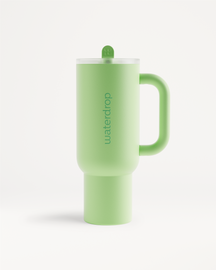 Explorer Thermo Tumbler with handle, featuring a flip-open straw, double-walled design, perfect for keeping drinks cold for up to 12 hours.