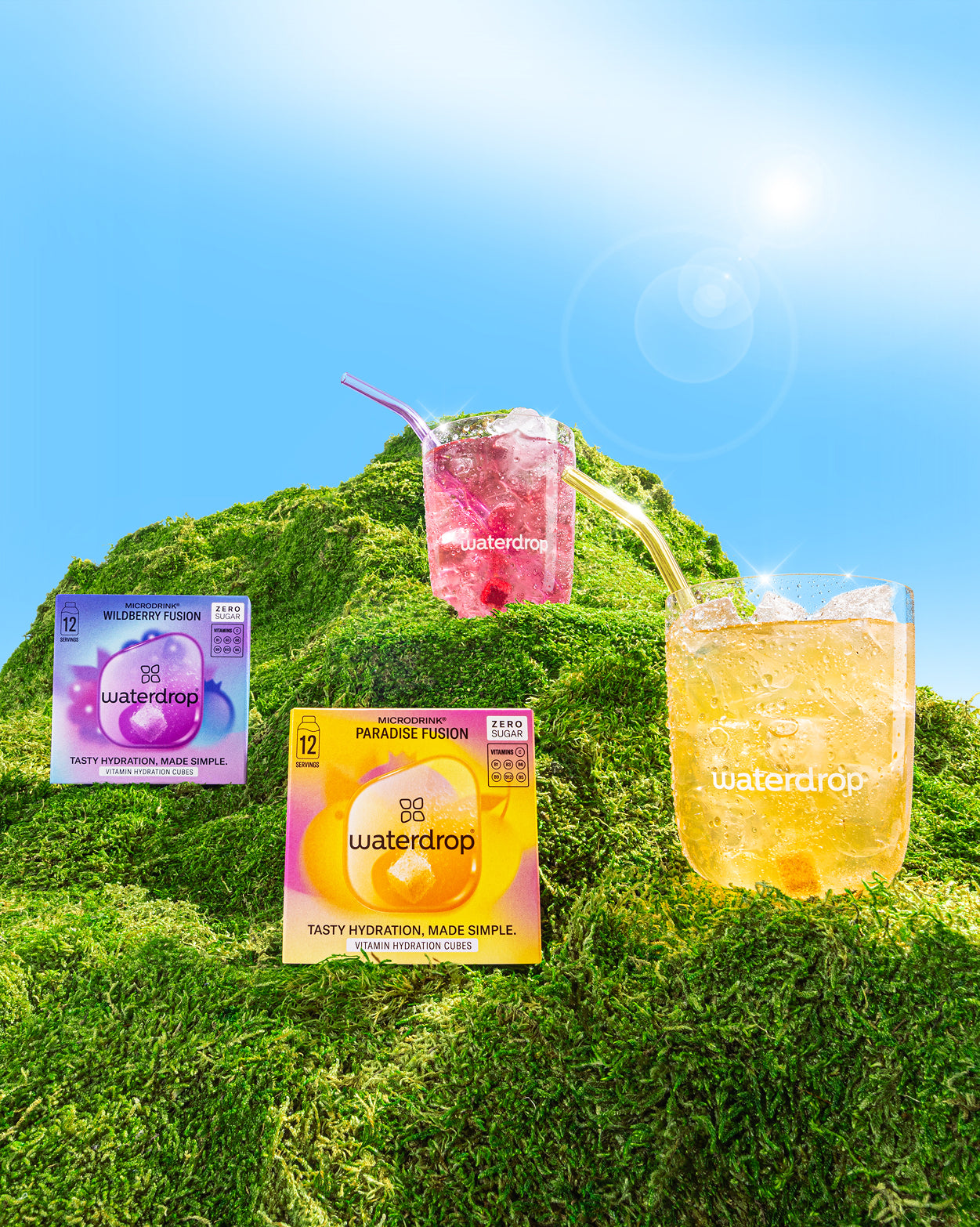 Summer Fusion Twin Pack featuring a glass of pink liquid with a straw, highlighting Wildberry Fusion and Paradise Fusion options.