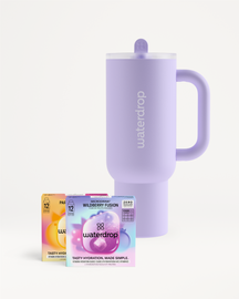 Fusion Explorer Set: Close-up of a purple water bottle with handle, featuring the logo. Ideal for summer with two Limited Edition Explorer Thermo Tumblers.