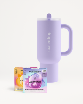 Fusion Explorer Set: Close-up of a purple water bottle with handle, featuring the logo. Ideal for summer with two Limited Edition Explorer Thermo Tumblers.