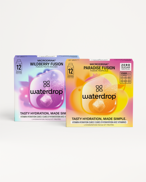 Summer Fusion Twin Pack featuring WILDBERRY FUSION and PARADISE FUSION flavors, highlighted with a prominent logo and a distinctive yellow sign with black numbers.