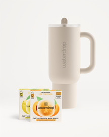 Chill Mode Set: Beige travel mug with handle and spill-proof lid, paired with Waterdrop Microdrink cubes in Ice Tea Peach and lemon-themed flavors, perfect for summer hydration.