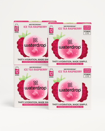 ICE TEA 3+1 set featuring close-up of logo, offering 48 servings of peach, raspberry, blueberry, and lemon microdrinks. Special offer: buy 3, get 1 free.