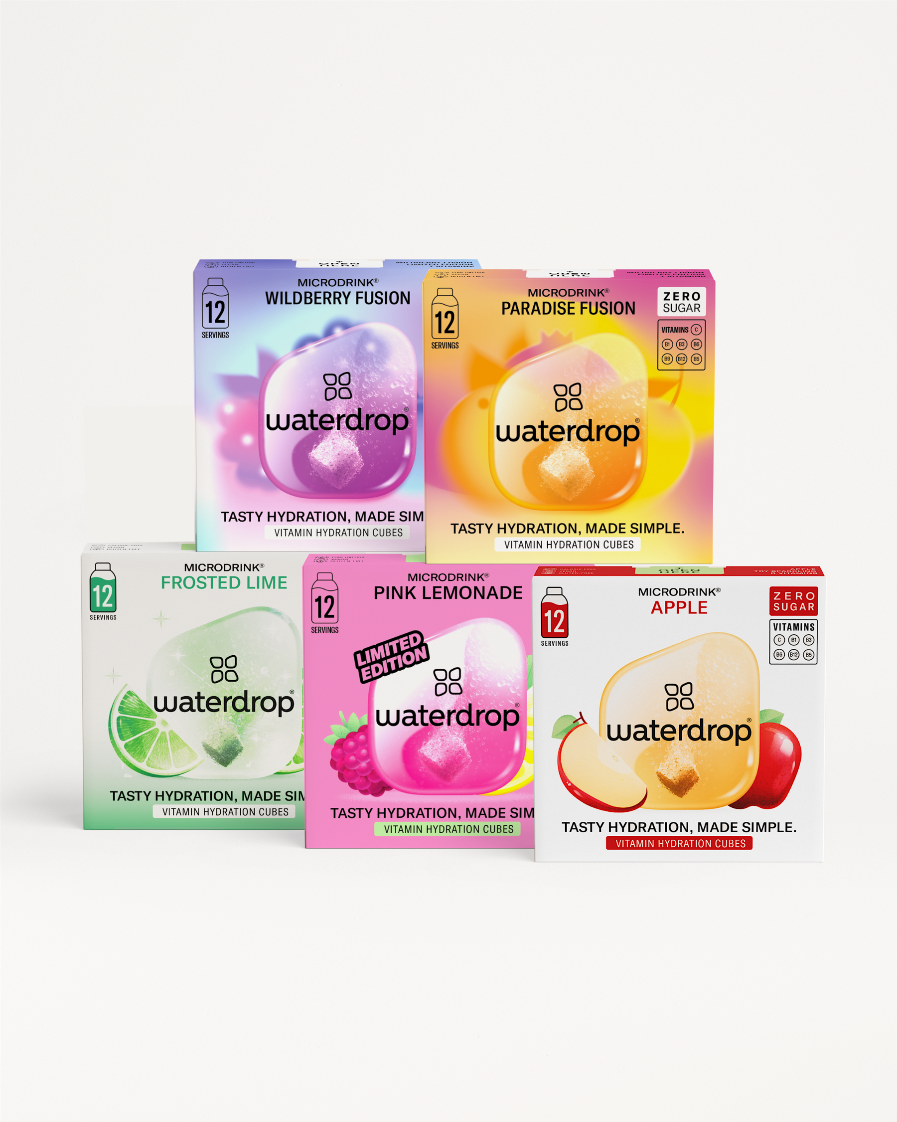 Limited Edition Summer 4+1 Set featuring Waterdrop microdrink cubes: Wildberry Fusion, Paradise Fusion, Frosted Lime, Pink Lemonade, and Apple. Includes free 12-pack of Pink Lemonade.