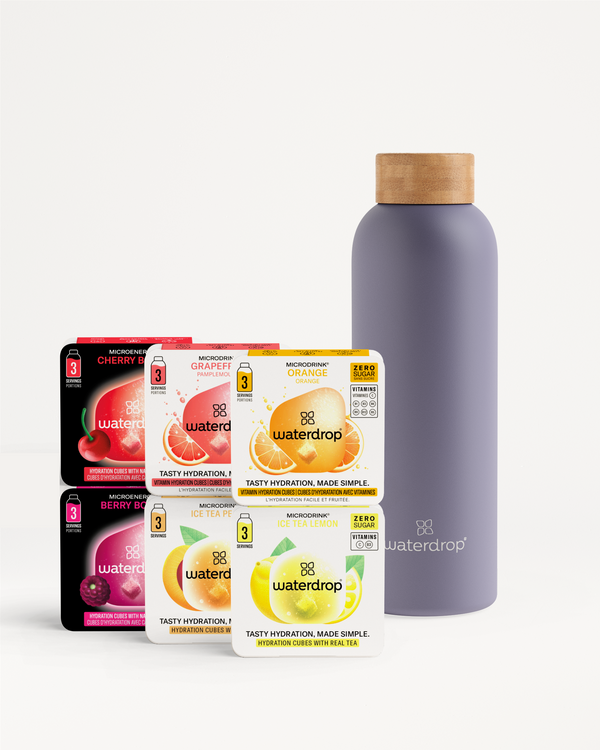 Starter Set Thermo Steel: six microdrink packs, purple bottle included.