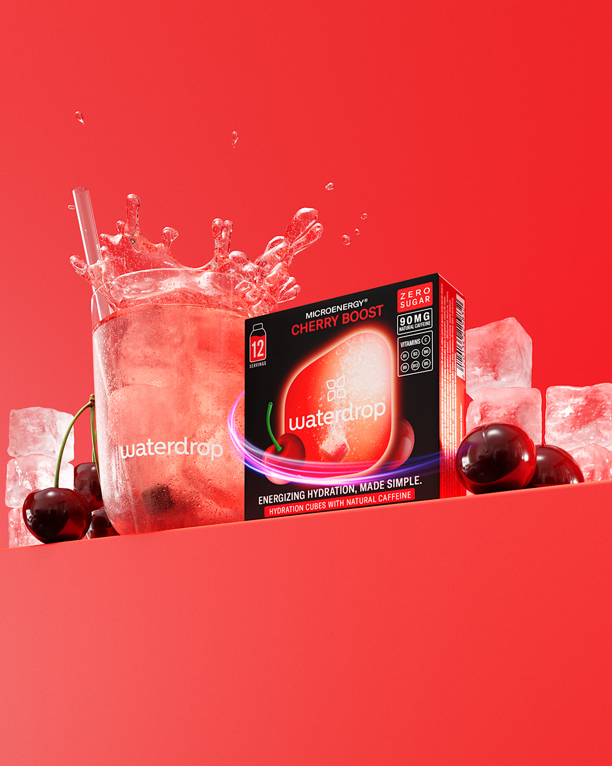 Limited Edition Frosted Glass Set with Cherry Boost hydration cubes.