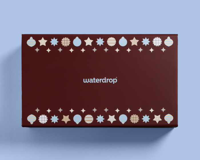 Maroon rectangular box with decorative circular shapes along the top and bottom edges on a light blue surface.