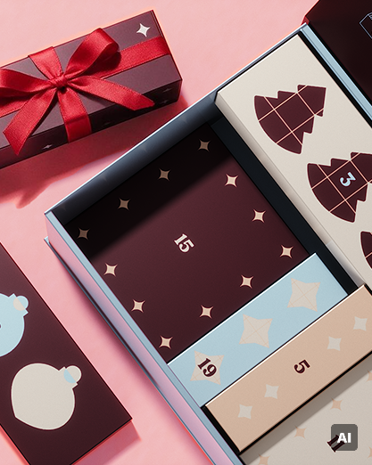 Open Advent calendar with several labeled doors and festive shapes on pastel panels, placed among gift boxes on a pink background.