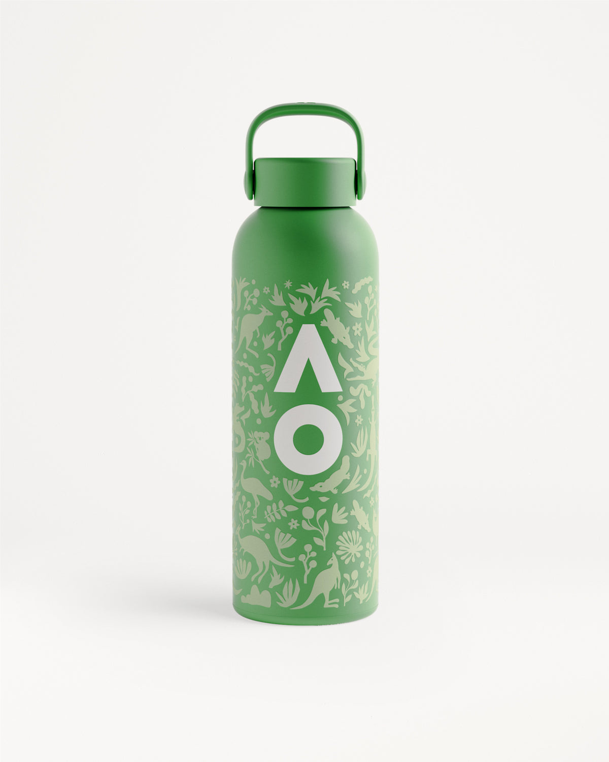 Green metal water bottle with a carrying loop and plant-pattern wrap.