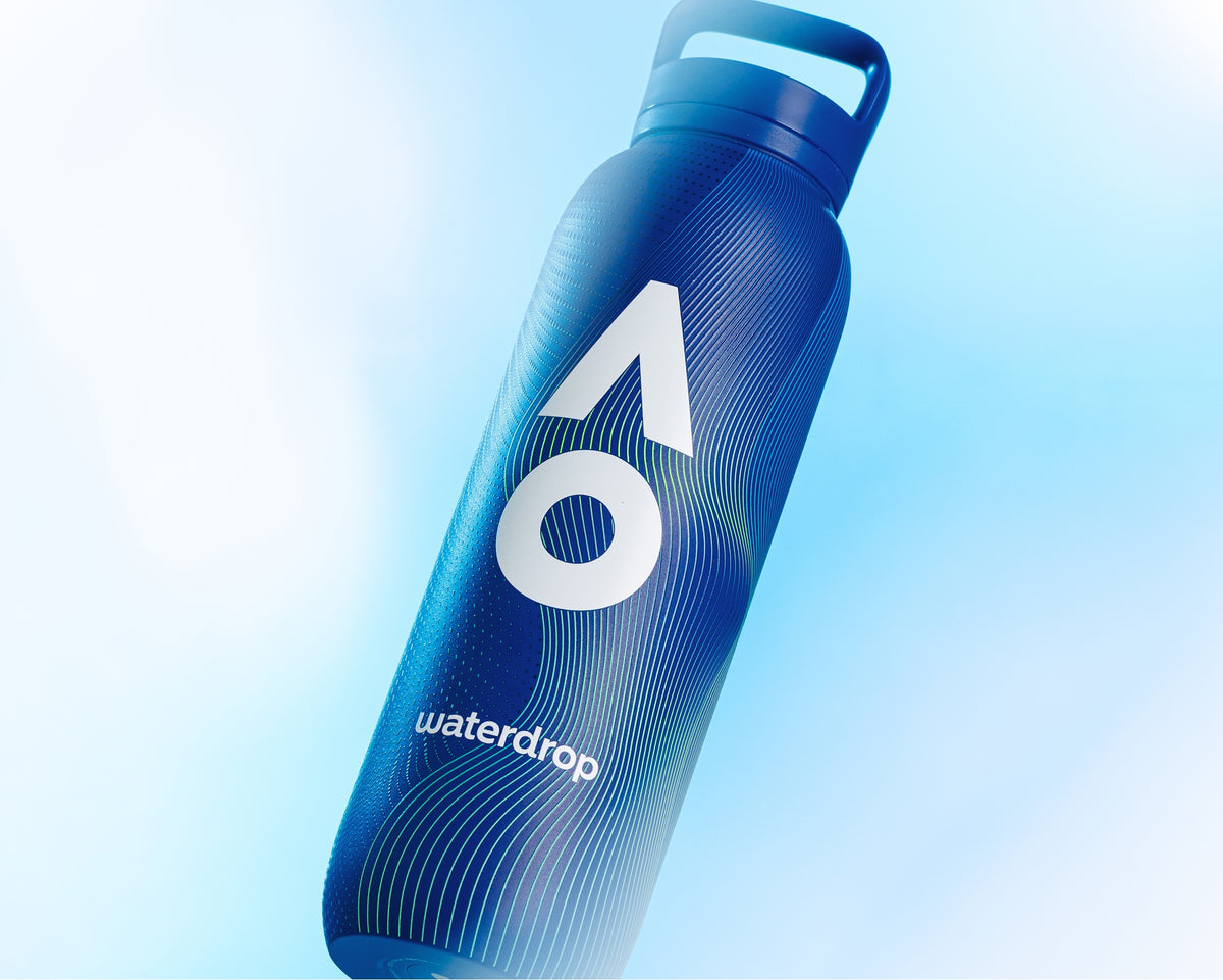 Blue reusable water bottle with a screw-top cap.