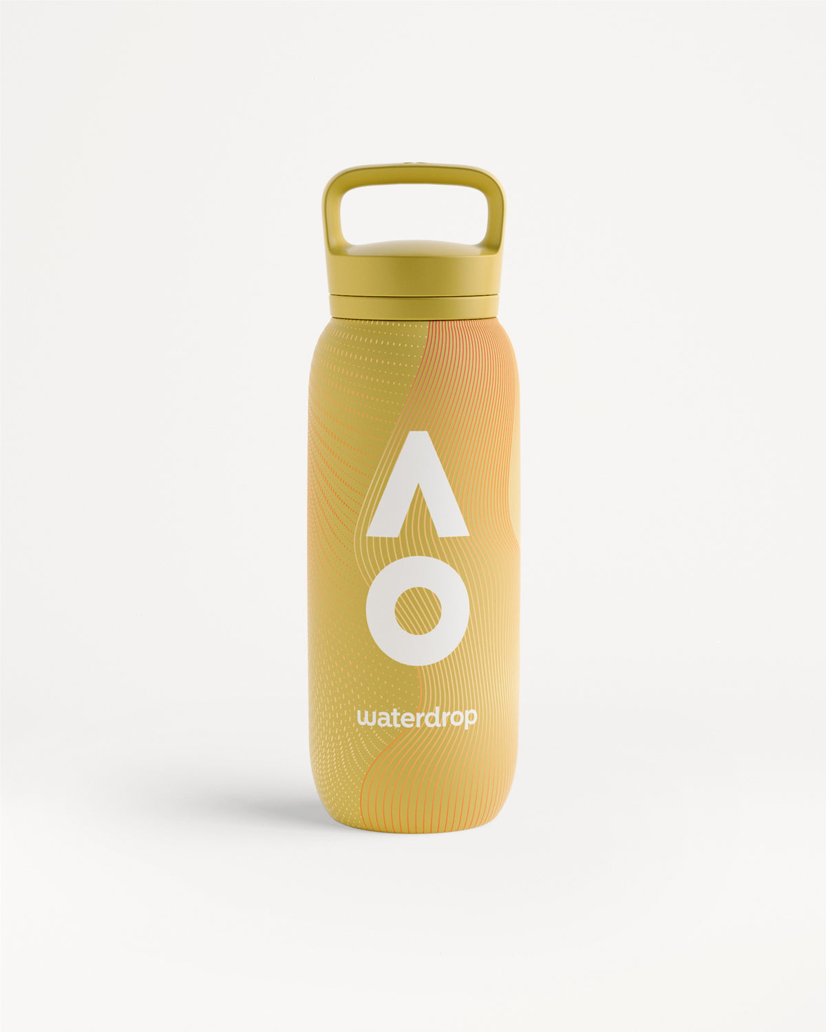 Yellow-orange reusable water bottle with a top handle and subtle wavy pattern on a white background.