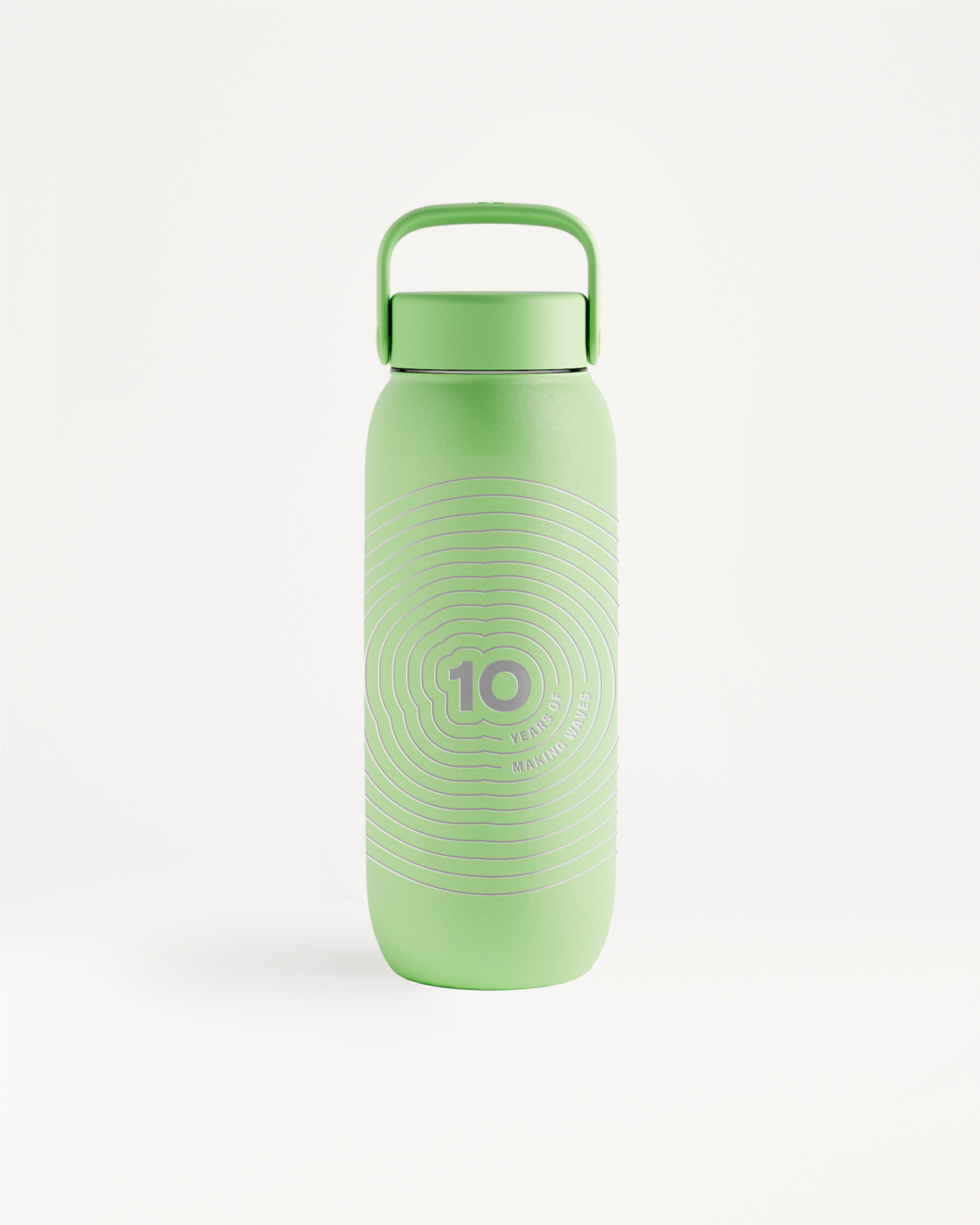 Light green reusable water bottle with a top handle and screw cap, featuring a subtle circular pattern.