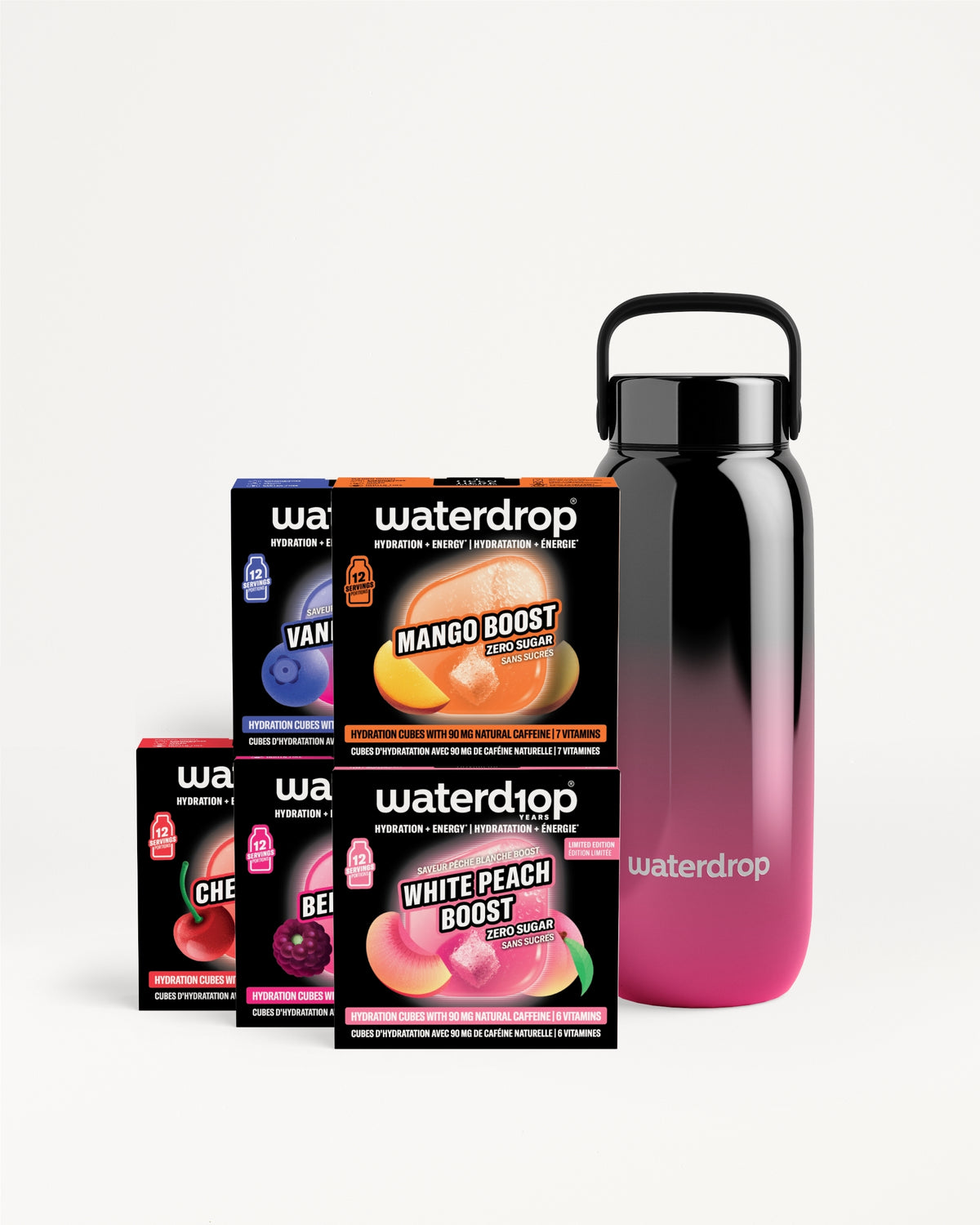 Assorted flavor powder sachets with a black-to-pink gradient reusable bottle.