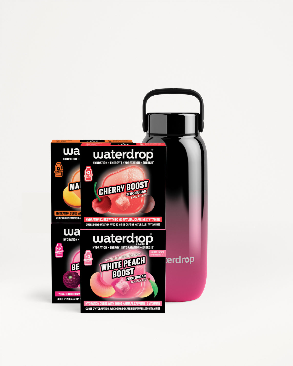 Set of Waterdrop flavor boosters and a gradient pink-to-black bottle.