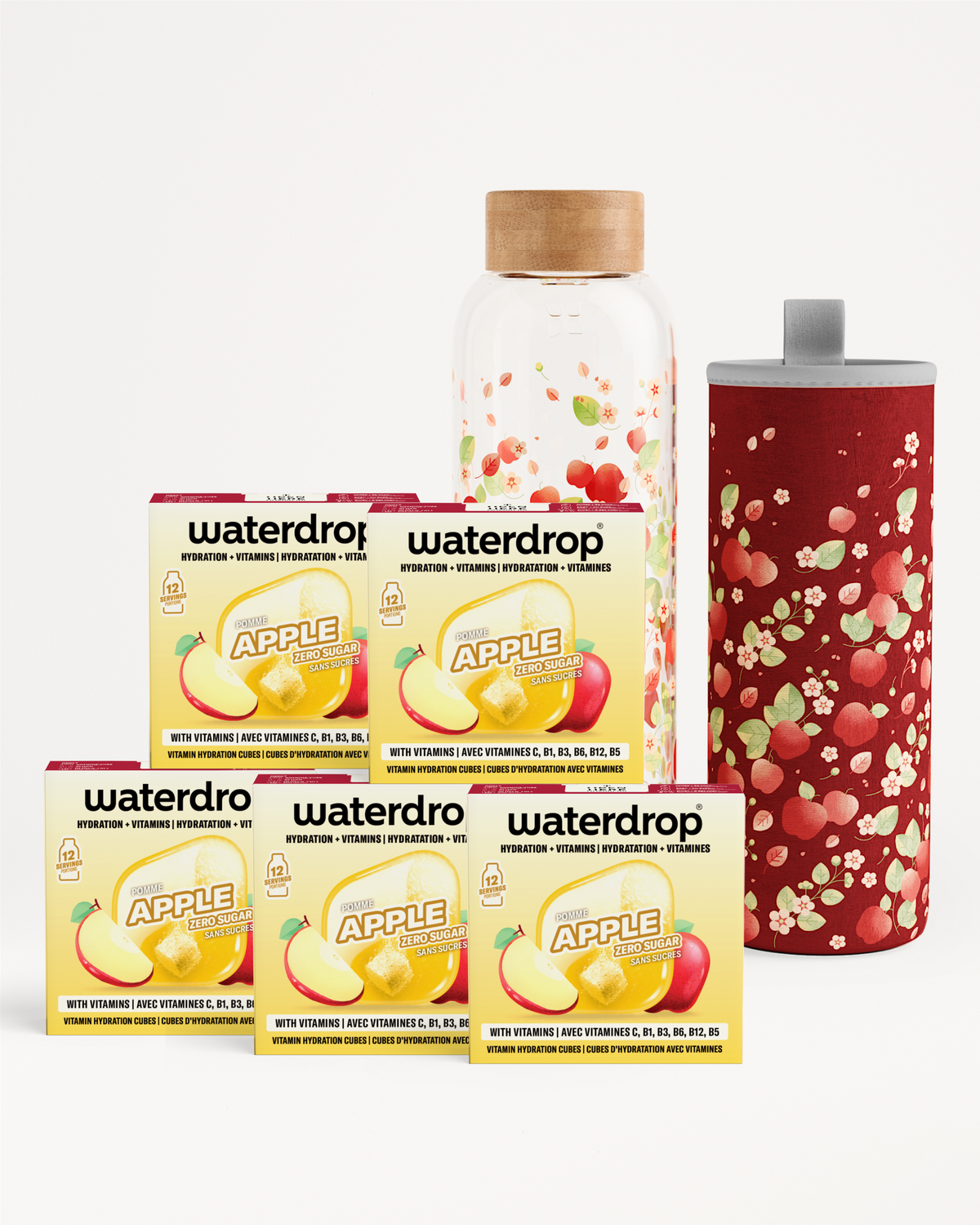 Assorted Waterdrop products including boxes and bottles, a wooden-cap bottle, and a red patterned tumbler.