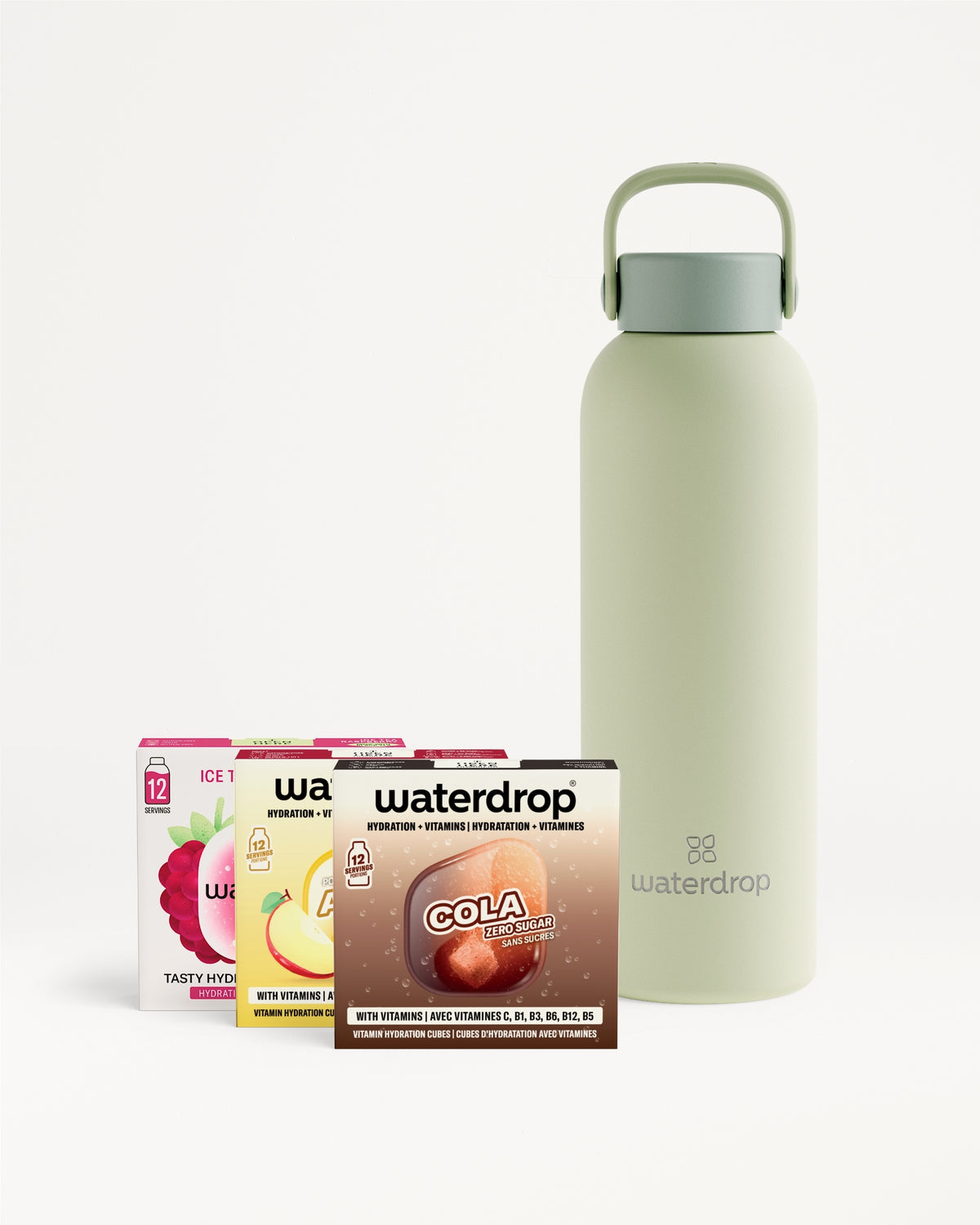 Light green reusable water bottle with a handle, surrounded by small beverage boxes.