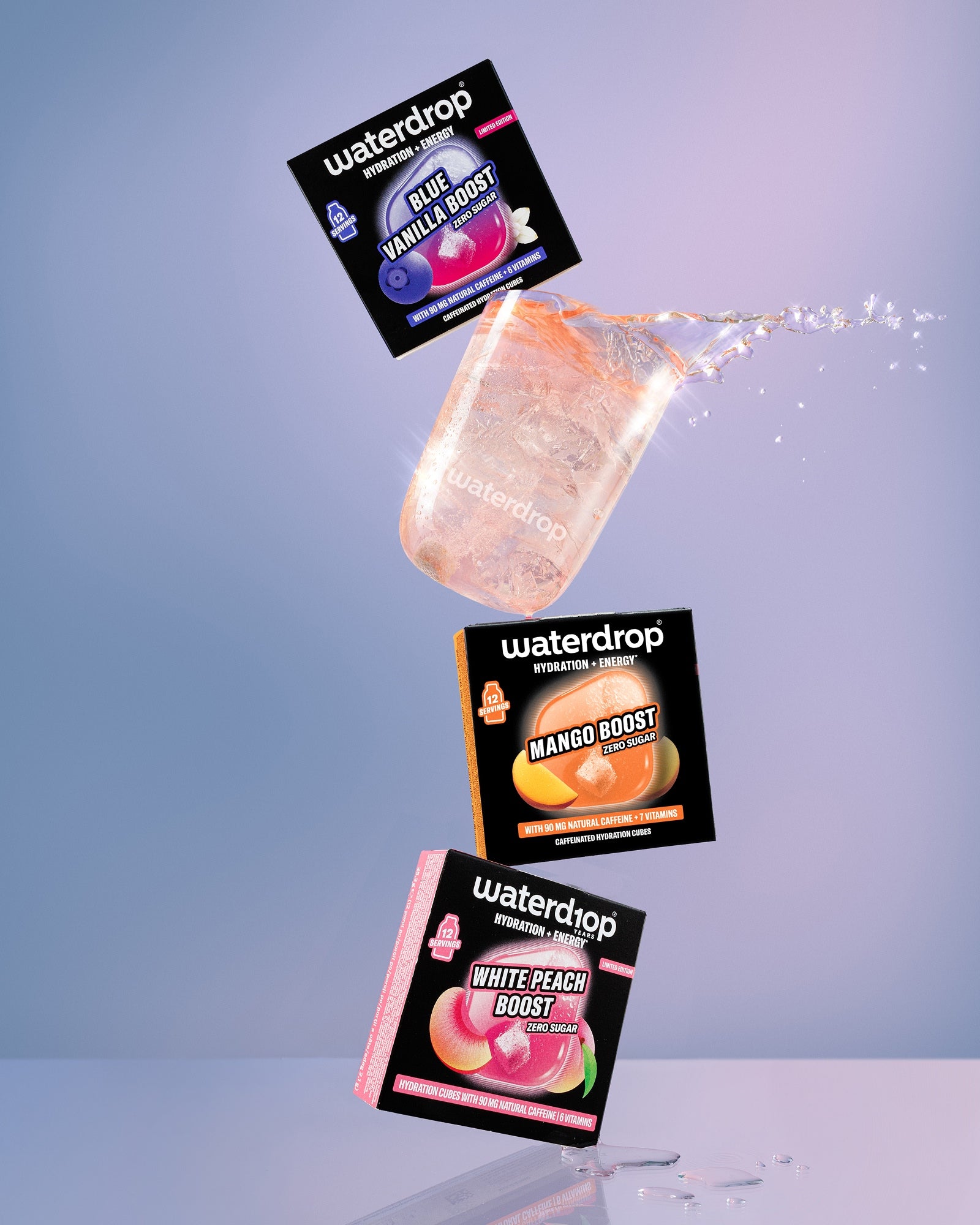 Floating Waterdrop Boost sachets stacked mid-air against a blue gradient background.