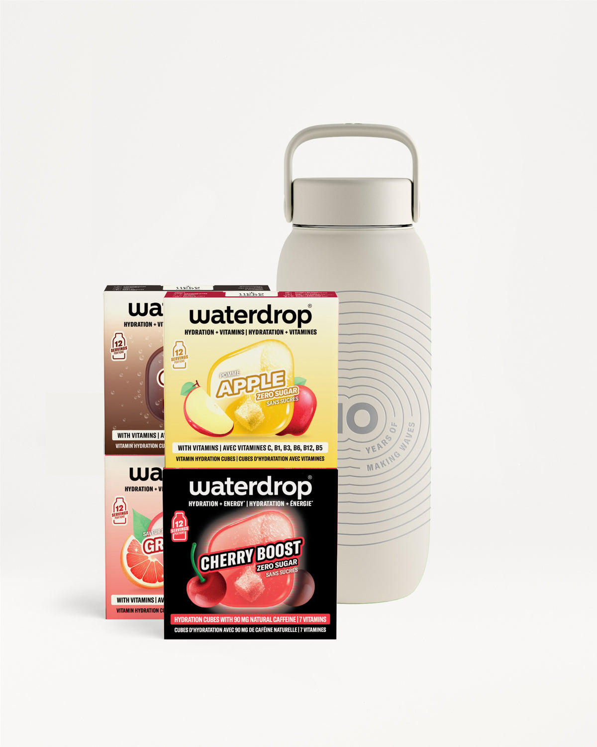 Light gray water bottle with a looped handle beside three flavor sachets.